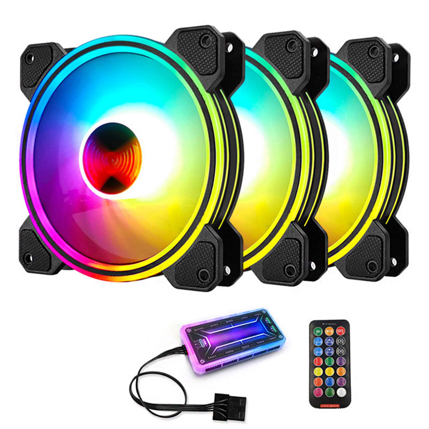 3 Pack 120mm RGB Case Fans, Quiet Computer Cooling PC Fans, Music Rhythm 5V ARGB Addressable Motherboard SYNC/RC Controller, Colorful Cooler Speed Adjustable with Fan Control Hub