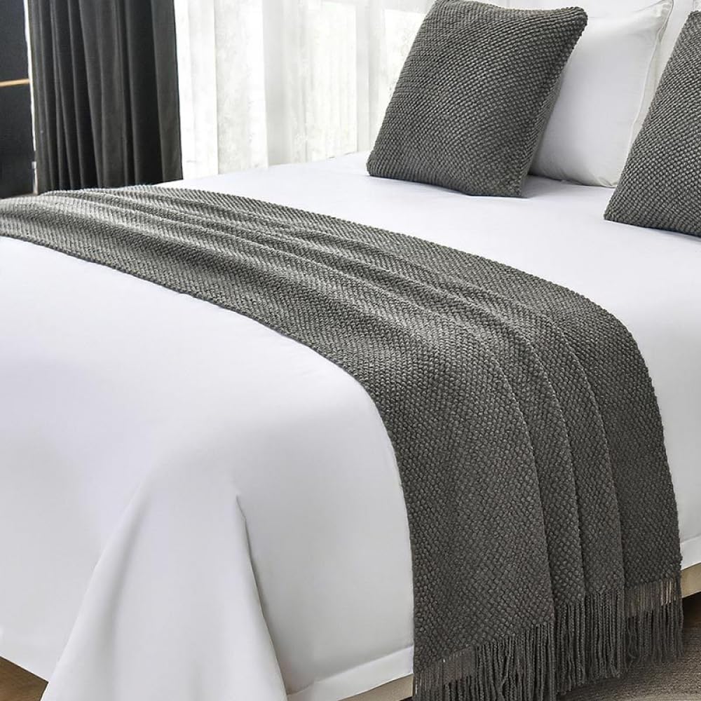 Bed Runner Scarf Bedspreads Bed Runners King Size Knitting Bed Blanket Sofa Blanket with Tassel Solid Color Bedding Scarf Protection Home Hotel Decorative Bed Throw-Gray1||65x260cm (2m Bed)