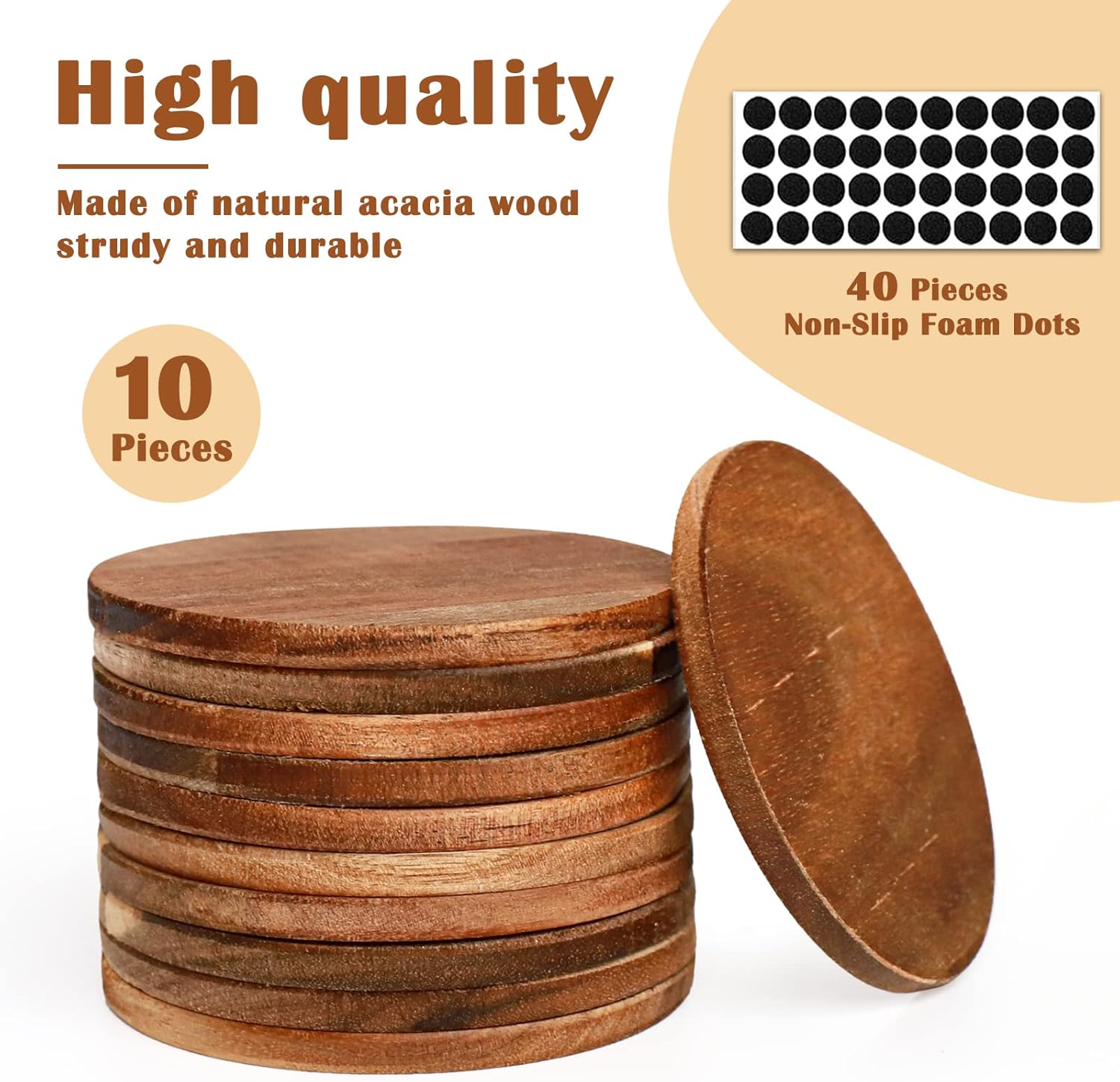 10 Pieces Unfinished Wood Coasters, 4 Inch Round Acacia Wooden Coasters for Crafts with Non-Slip Silicon Dots for DIY Stained Painting Wood Engraving Home Decoration - Image 2