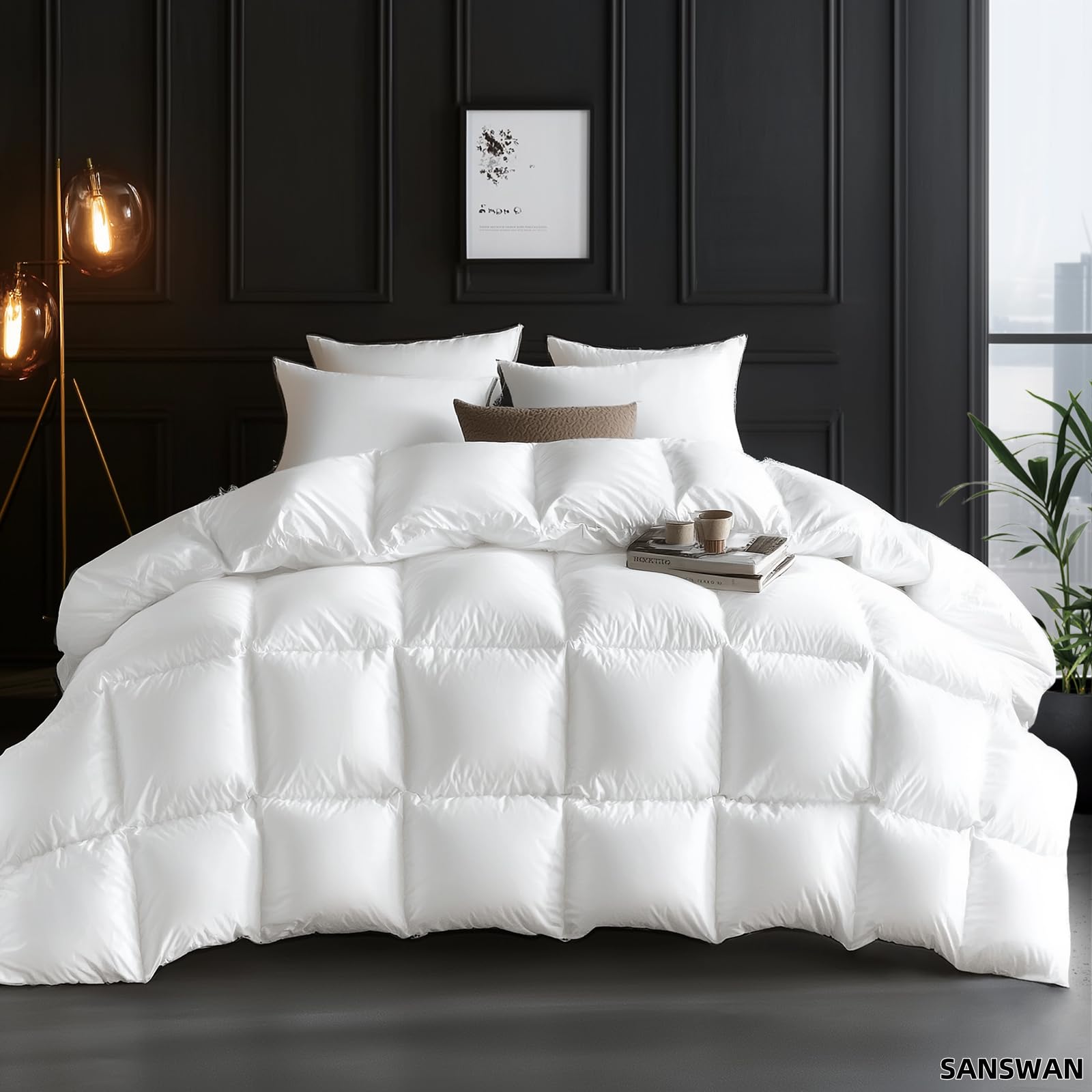 Luxury Goose Down Comforter King Size, 750 Fill Power All Season Fluffy Duvet Insert, 56oz Medium Weight, Soft Cotton Fabric, Hotel Bedding Comforter with Corner Tabs, 106 x 90 Inch