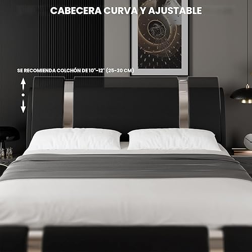 Miniatura 5 de TTVIEW Base de cama tapizada de piel sintética moderna con decoración de metal de hierro cabecera curvada ajustable soporte de listones de madera no