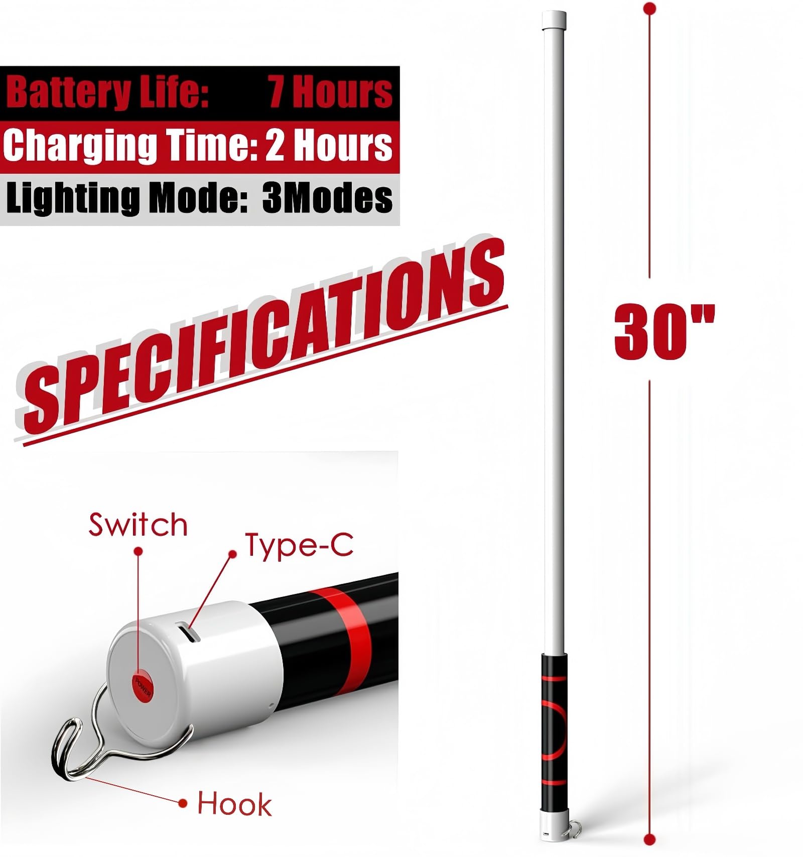 Lampe torche LED flexible de 76,2 cm - Lampe de travail pliable - Rechargeable - Haute luminosité - 3 modes d'éclairage - Outil d'éclairage automobile pour mécanicien, réparation de voiture
