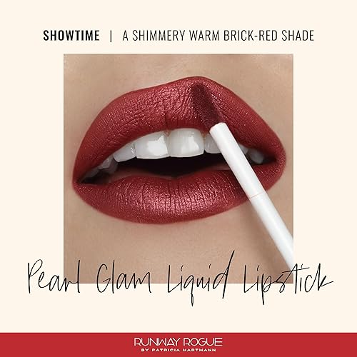 Miniatura 2 de Runway Rogue Pearl Glam - Lápiz labial líquido brillante de larga duración, lápiz labial rojo ladrillo cálido con brillo plateado y dorado,