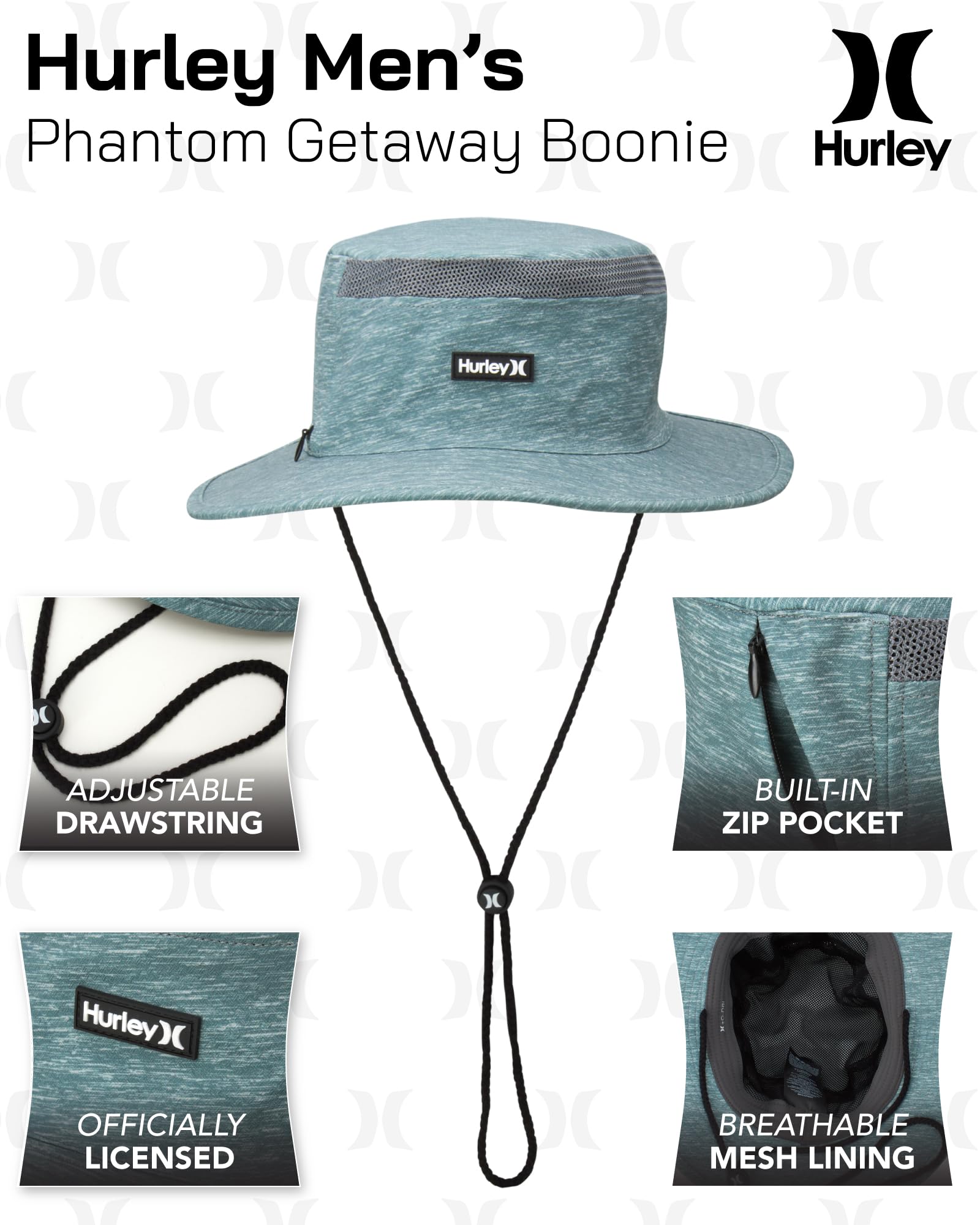 Hurley Mens' Hats - UPF 50+ Phantom Getaway Boonie Sun Hat with Chin Strap Cord, Size Large-X-Large, Grey