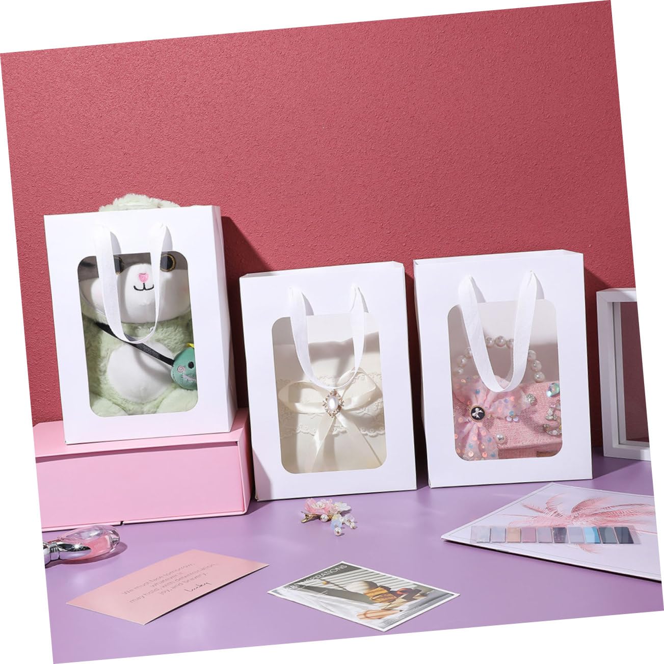 Bolsas de Obsequio de Papel Ventana Transparente y Asas, 25 Piezas