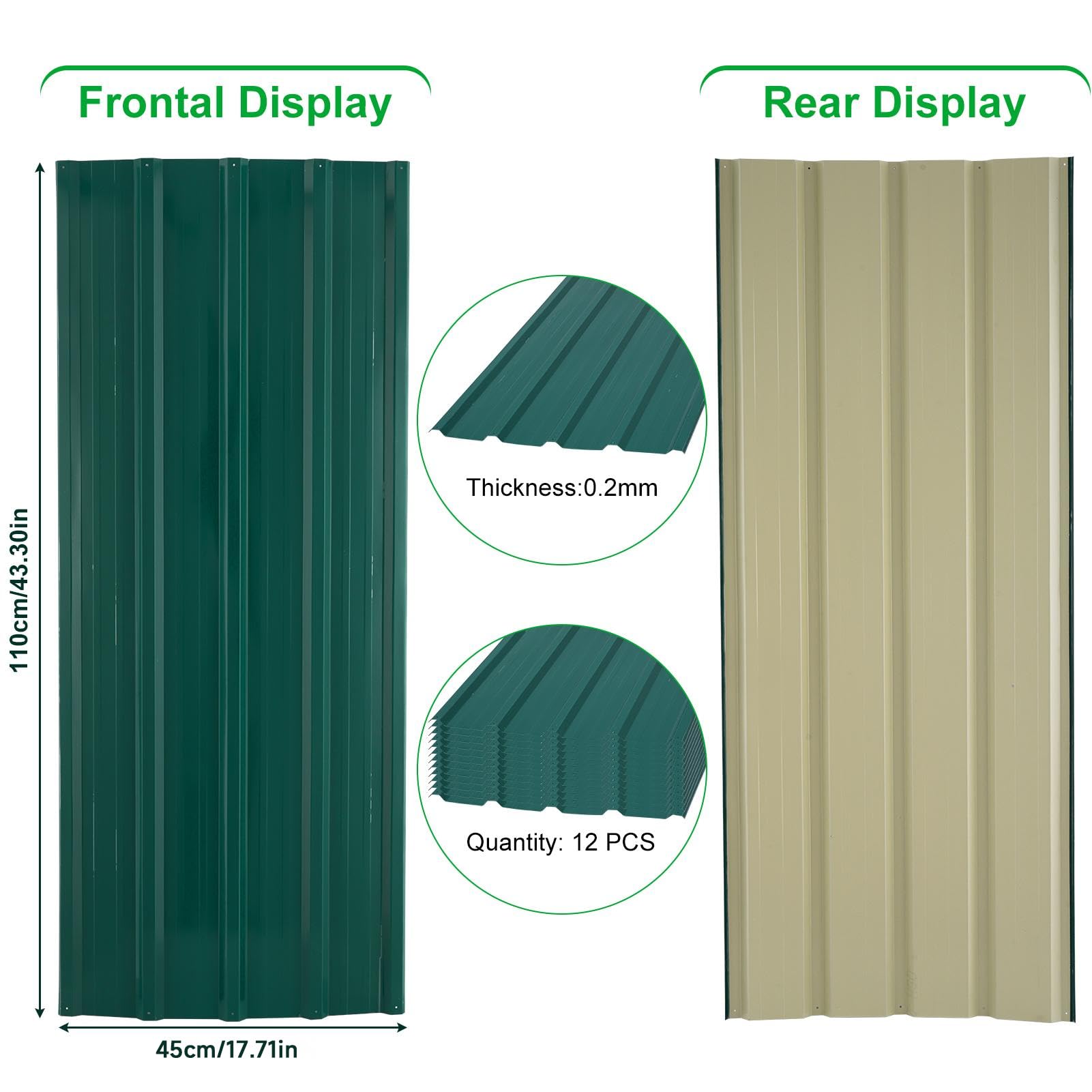 Chapa trapezoidal de 12 láminas de techo de acero galvanizado, 110 cm x 45 cm, juego de placas trapezoidales de 7 m², para garaje, cobertizo, tejado, color negro con estructura (Verde)