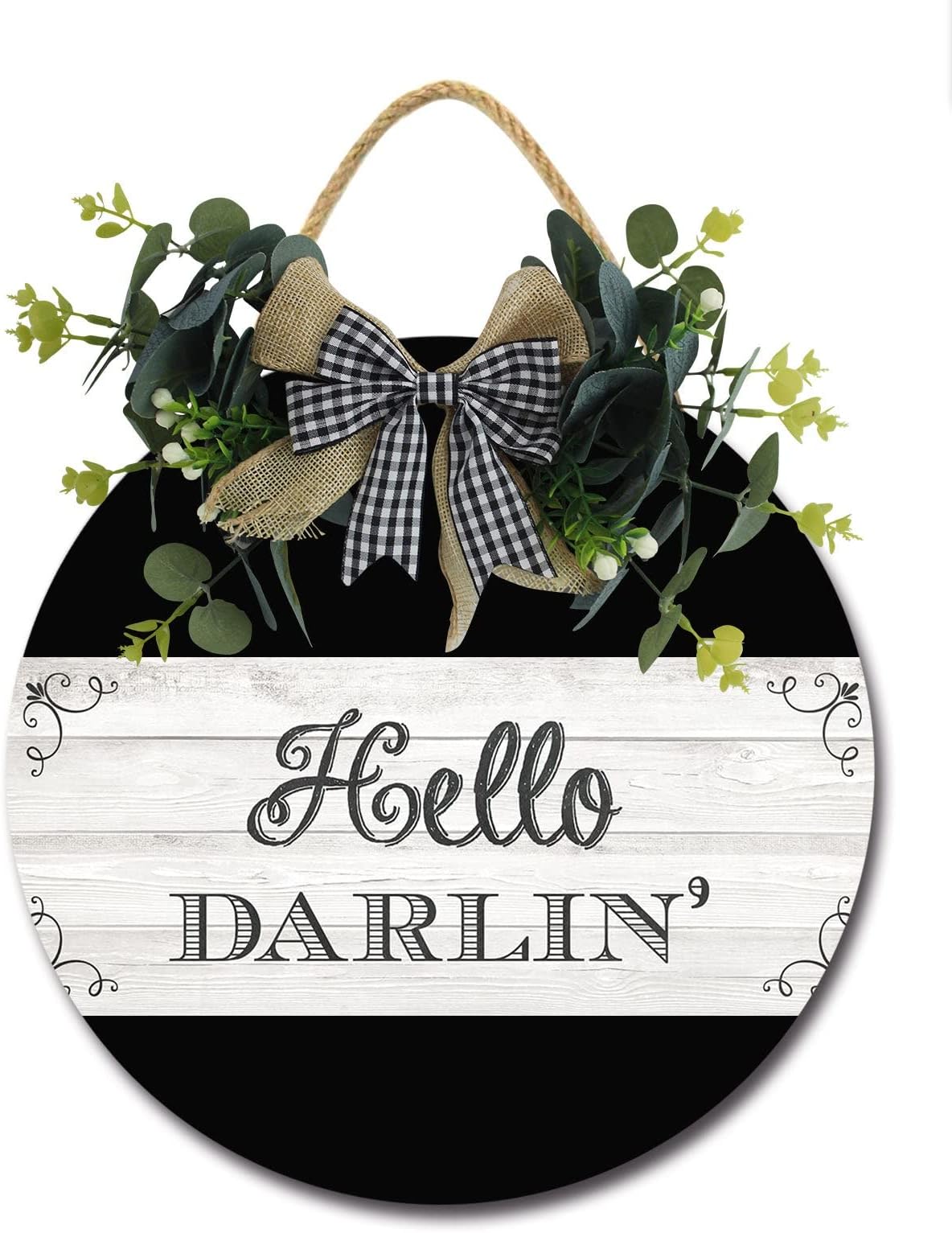 Hello Darlin Front Door Sign Funny Wreaths Hanging Wooden Plaque Decoration Round Rustic Wood Farmhouse Porch Decor for Home Front Door Decor, 12 x 12 Inch