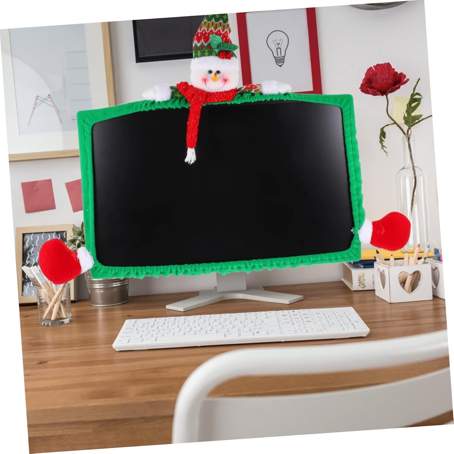 Mobestech 3pcs Elastic Computer Monitor Cover Adorable Snowman Design Xmas Display Protector Unique Christmas Decor for Home Office Charming Holiday Atmosphere Durable Cloth Material