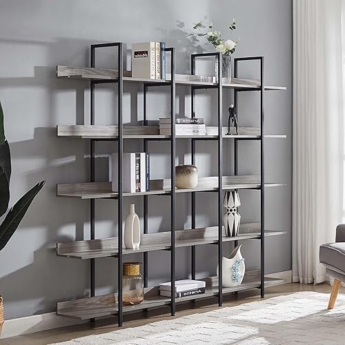 Shuoya Jewelry Bookshelf, 5 Shelf Retro Floor Standing Bookcase with Metal Frame, Tall Book Storage Rack for CDsMoviesBooks, Utility Organizer