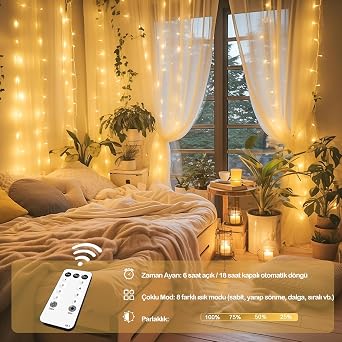 300 LED Perde Işık Kumandalı – Sarı Günışığı, 3x3m USB Powered, 8 Farklı Işık Modu, Dekoratif Perde LED Işık, Doğum Günü, Kına, Düğün, Parti ve Etkinlik Aydınlatması [Enerji Sınıfı A]