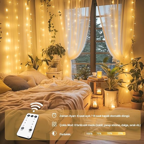 300 LED Perde Işık Kumandalı – Sarı Günışığı, 3x3m USB Powered, 8 Farklı Işık Modu, Dekoratif Perde LED Işık, Doğum Günü, Kına, Düğün, Parti ve Etkinlik Aydınlatması [Enerji Sınıfı A]