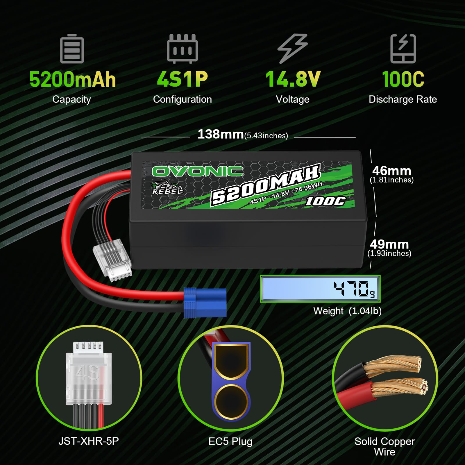 OVONIC Batteria Lipo da 4 s, 14,8 V, 100 C, 5200 mAh, con spina a T per RC auto, Truggy, quadricottero, elicottero, camion, barca, aereo (2 pezzi)