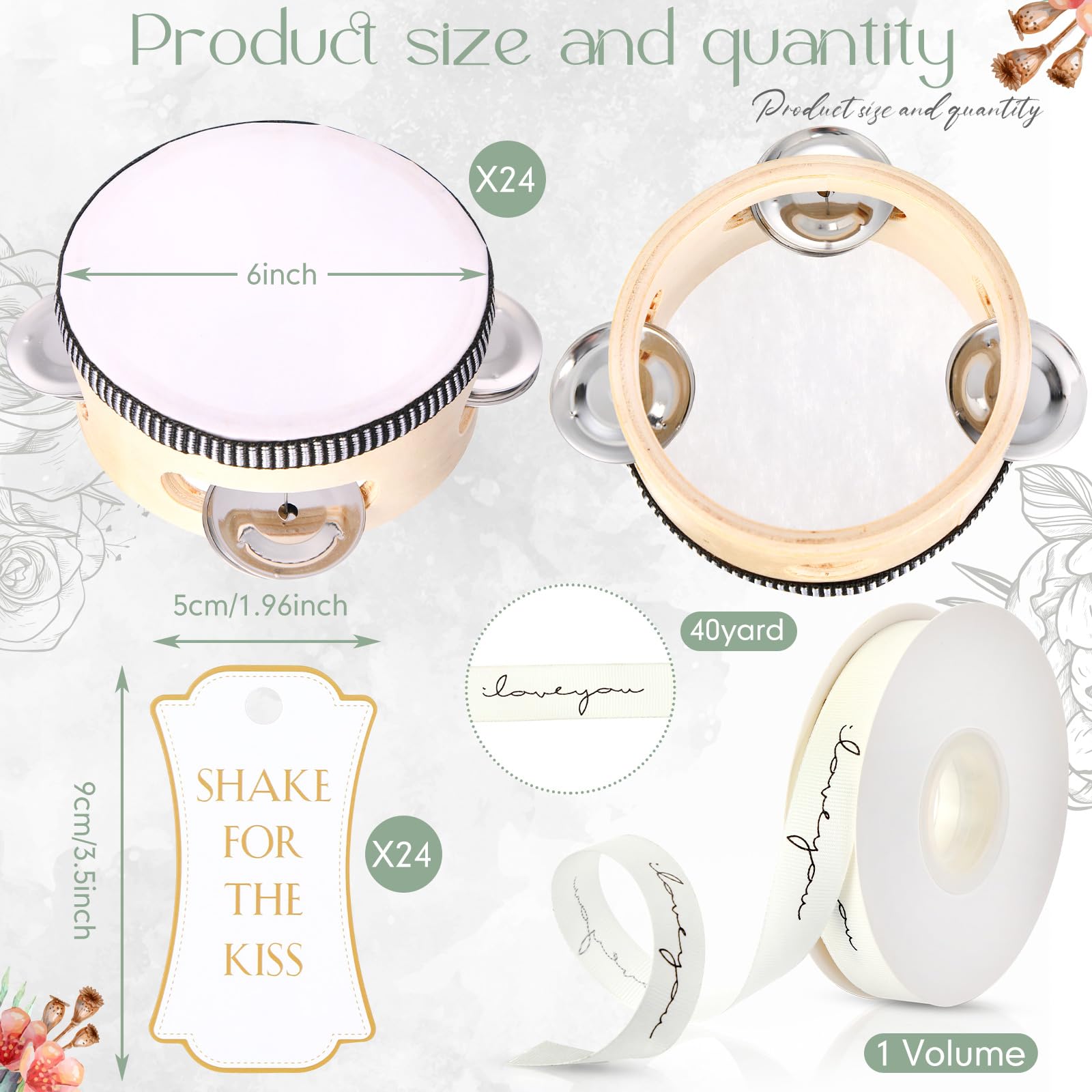 Set di 24 tamburelli da 15,2 cm per adulti, in legno, con sonagli in metallo, etichette regalo, nastro bianco stampato con scritta "I Love You", strumento musicale per chiesa, matrimoni,