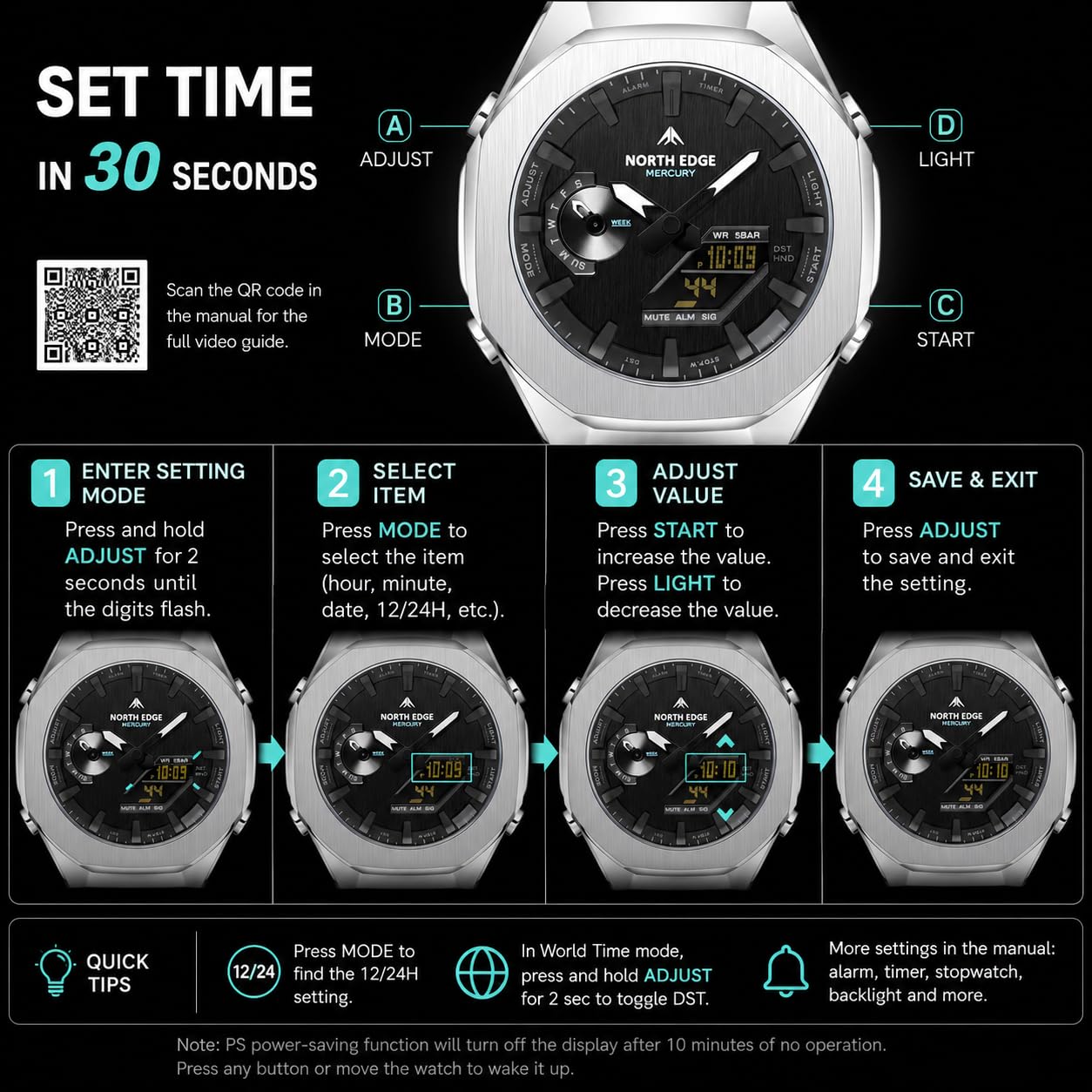 NORTH EDGE Mercury - Reloj analógico digital para hombre, hora dual, cronómetro, temporizador de cuenta regresiva, hora mundial, 5 alarmas, reloj deportivo de estilo militar