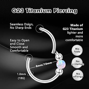 G23 Titanium Nose Ring Septum Piercing Jewellery Helix Cartilage Conch Hinged Segment Rings Tragus Lip Rings 18G 16G Thickness Hypoallergenic 8MM/10MM White Blue Pink Opal Nose Hoop for women