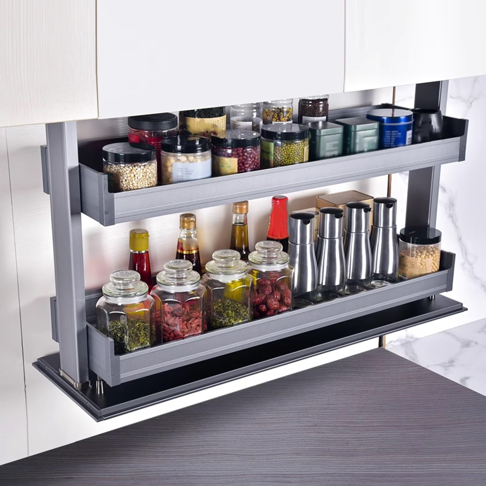 Organizador de especias extraíble, 2 niveles deslizables con interruptor táctil, se adapta a armarios superiores, capacidad de carga de hasta 20 kg, fácil acceso a condimentos