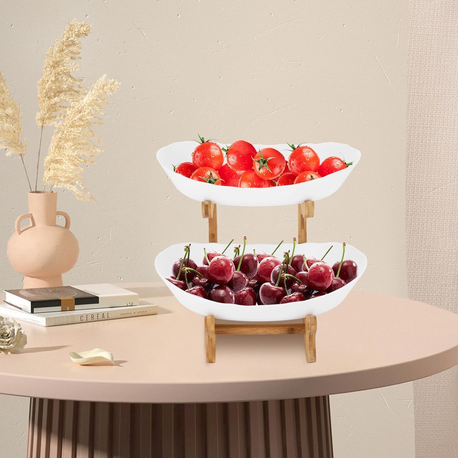 Frutta Alzatina 2 ripiani Frutta Ciotol - Cestino Portafrutta in Plastica Resistente con Supporto in Bambù, Fruttiera a 2 Livelli, Vassoio per Frutta, Verdura, Snack, Caramelle e Organizzazione Cucina