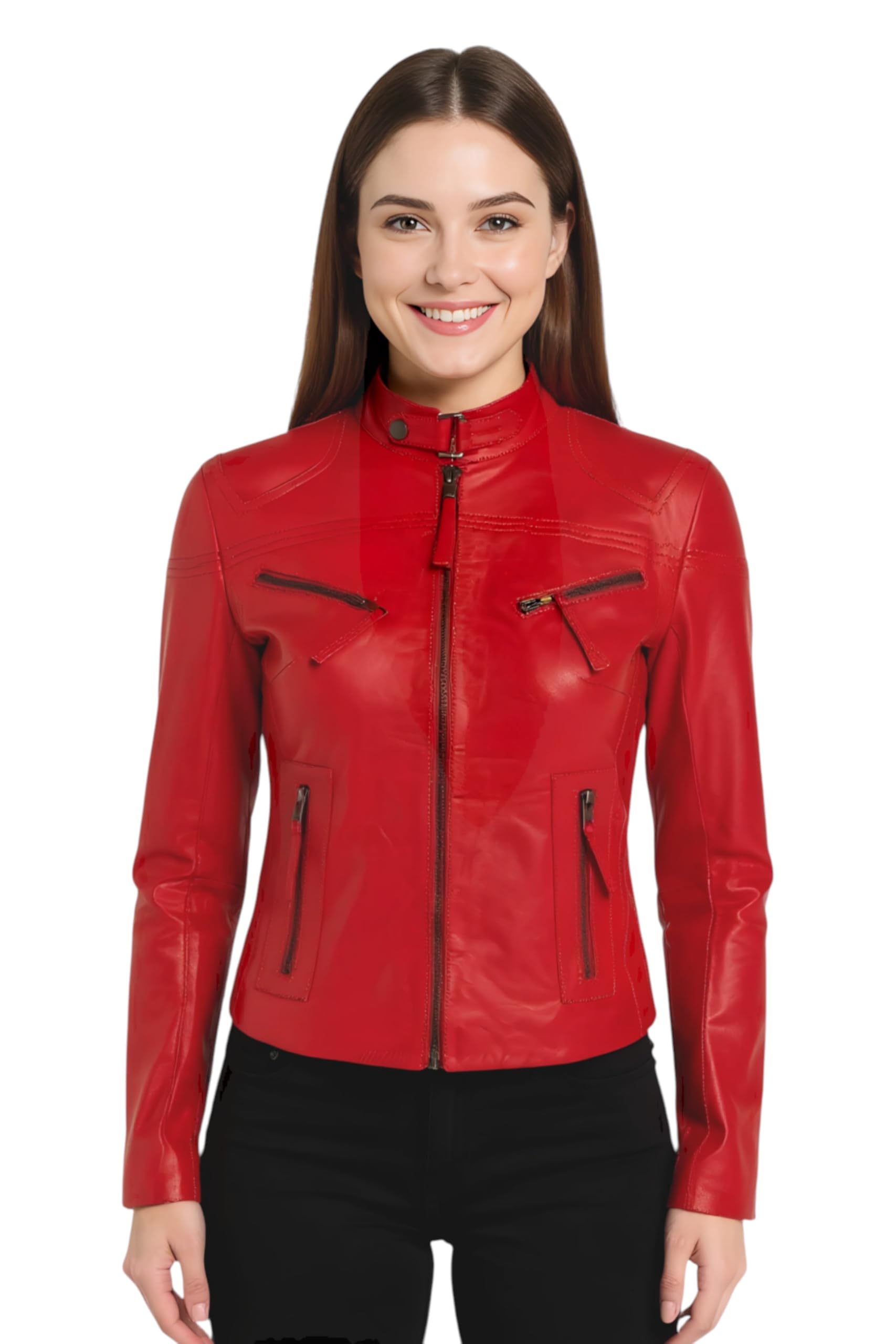 Infinity Leather Women's Red Fashion Classic Real Leather Biker Slim Fit Jacket