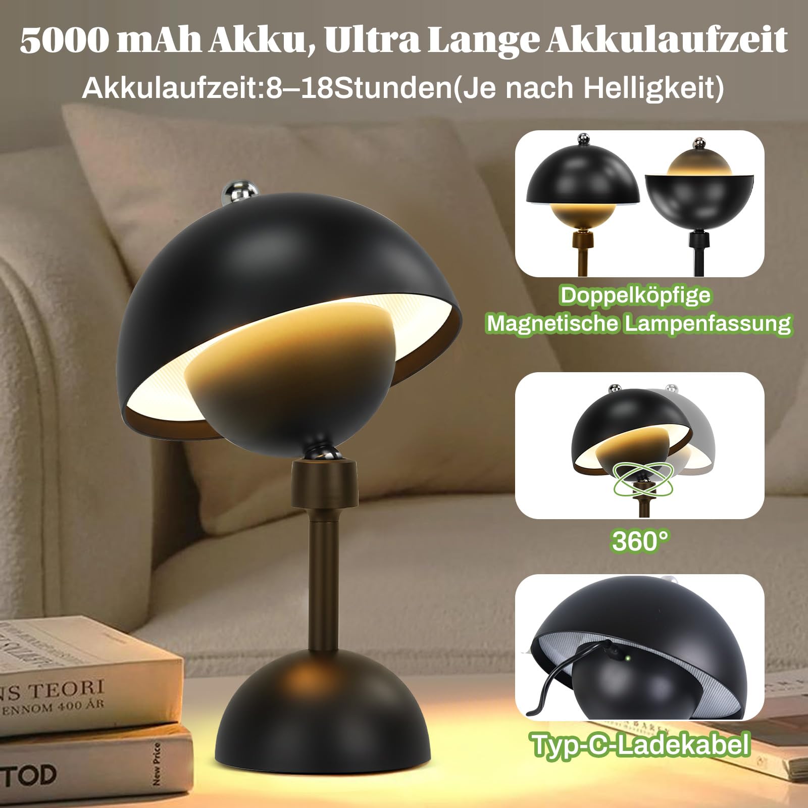 Rosnek Tischlampe Kabellose LED, 360° Magnet Schwenk Kabellose Pilz Lampe, 5000 mAh Dimmbare Akku, 3 FarbUnbegrenztes Dimmen Nachttischlampe, Outdoor/Indoor Tischlampe Akku (Schwarz, 2er Pack)