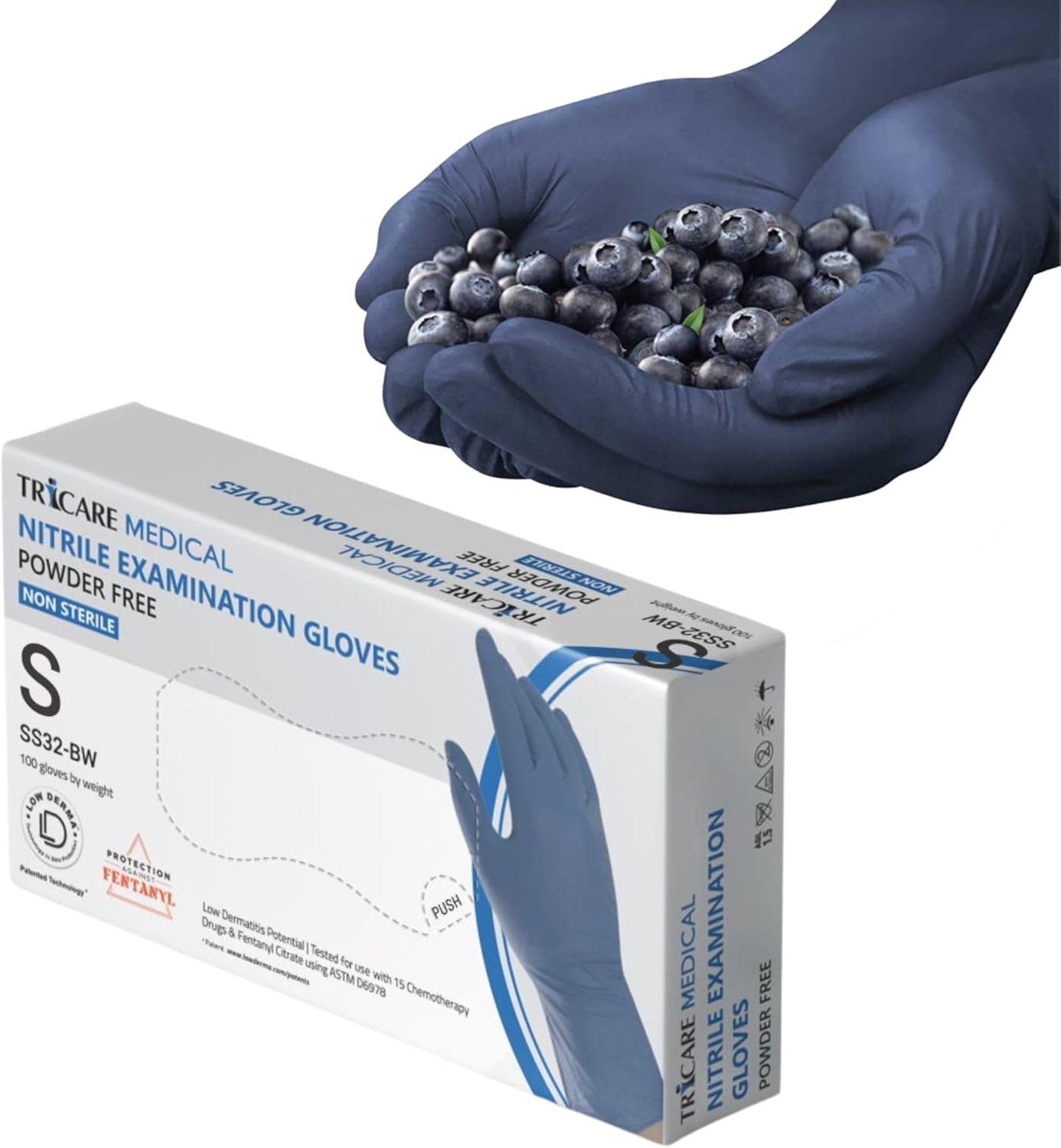 Low Derma Nitrile Exam Gloves, Chemo drug tested, Latex free, Powder free, Berry Blue, 3.5 mil, S, M, L, XL