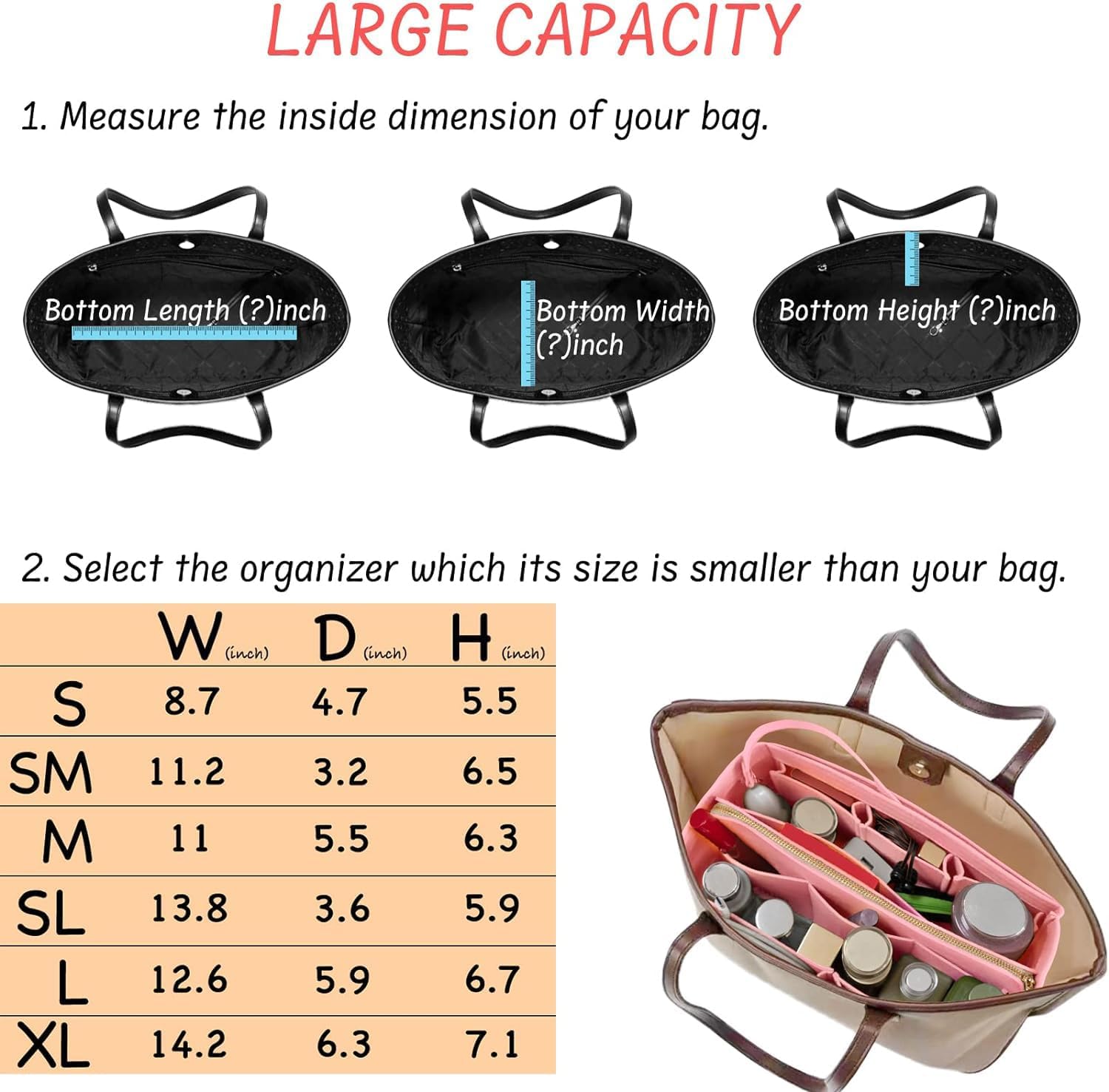 Purse Organizer Insert with Zipper Felt Bag Organizer for Tote Purse Bag Pink Medium - Image 6