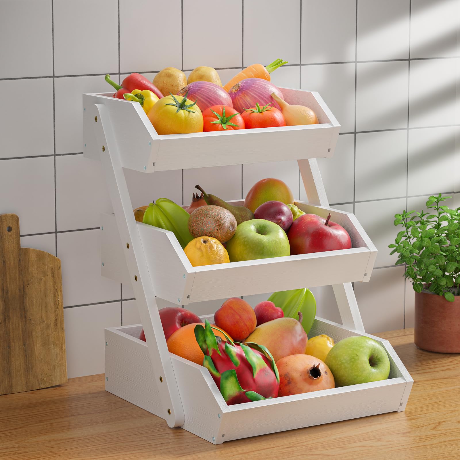 Supporto per Cesto di Frutta in bambù a 3 Livelli, Supporto per Verdure e Pane per ripiano della Cucina, Bianco