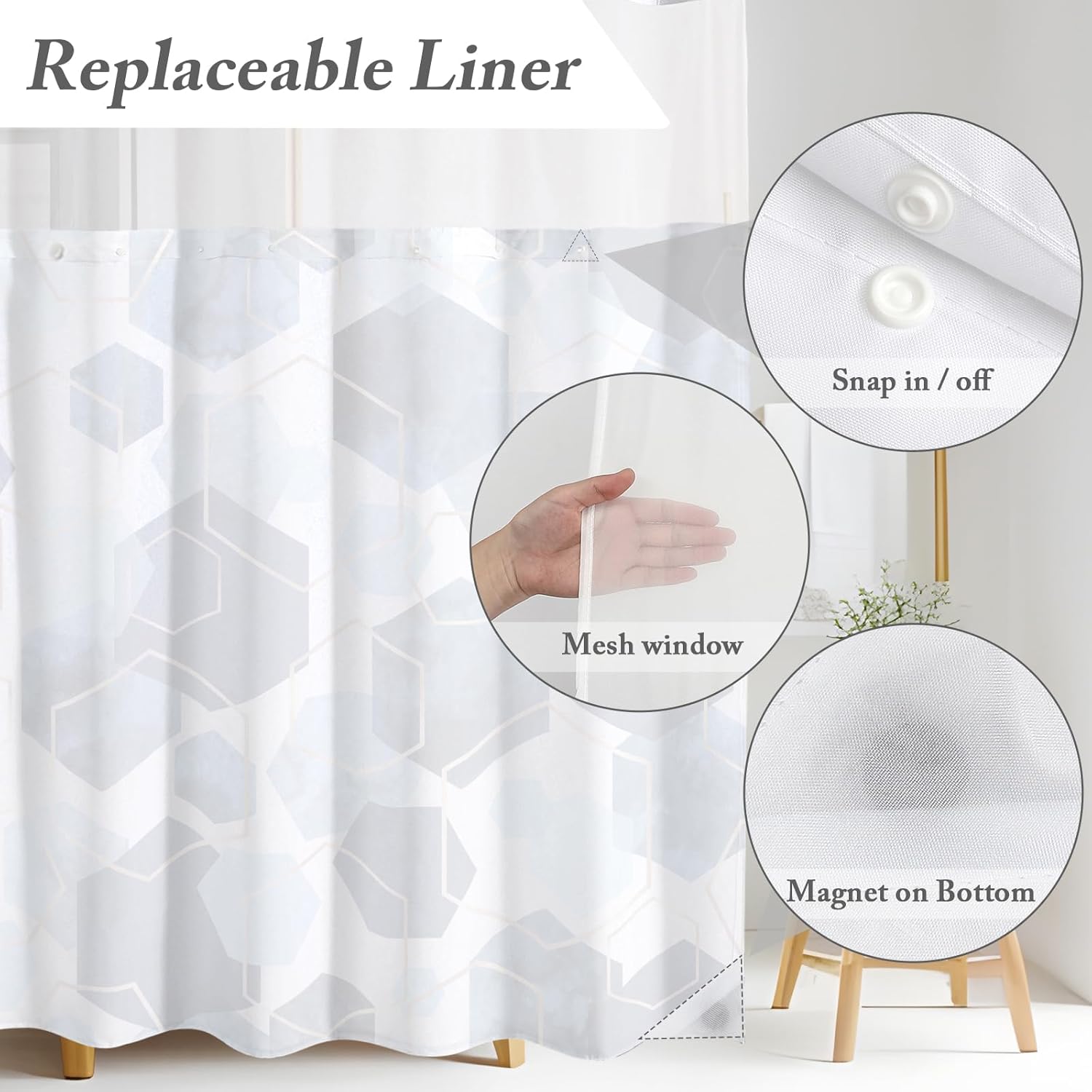 Litabel No Hook Blue Shower Curtain with Snap-in Fabric Liner Set for Bathroom, Hotel Style Modern Geometric Shower Curtain with See Through Top Window, 71x74