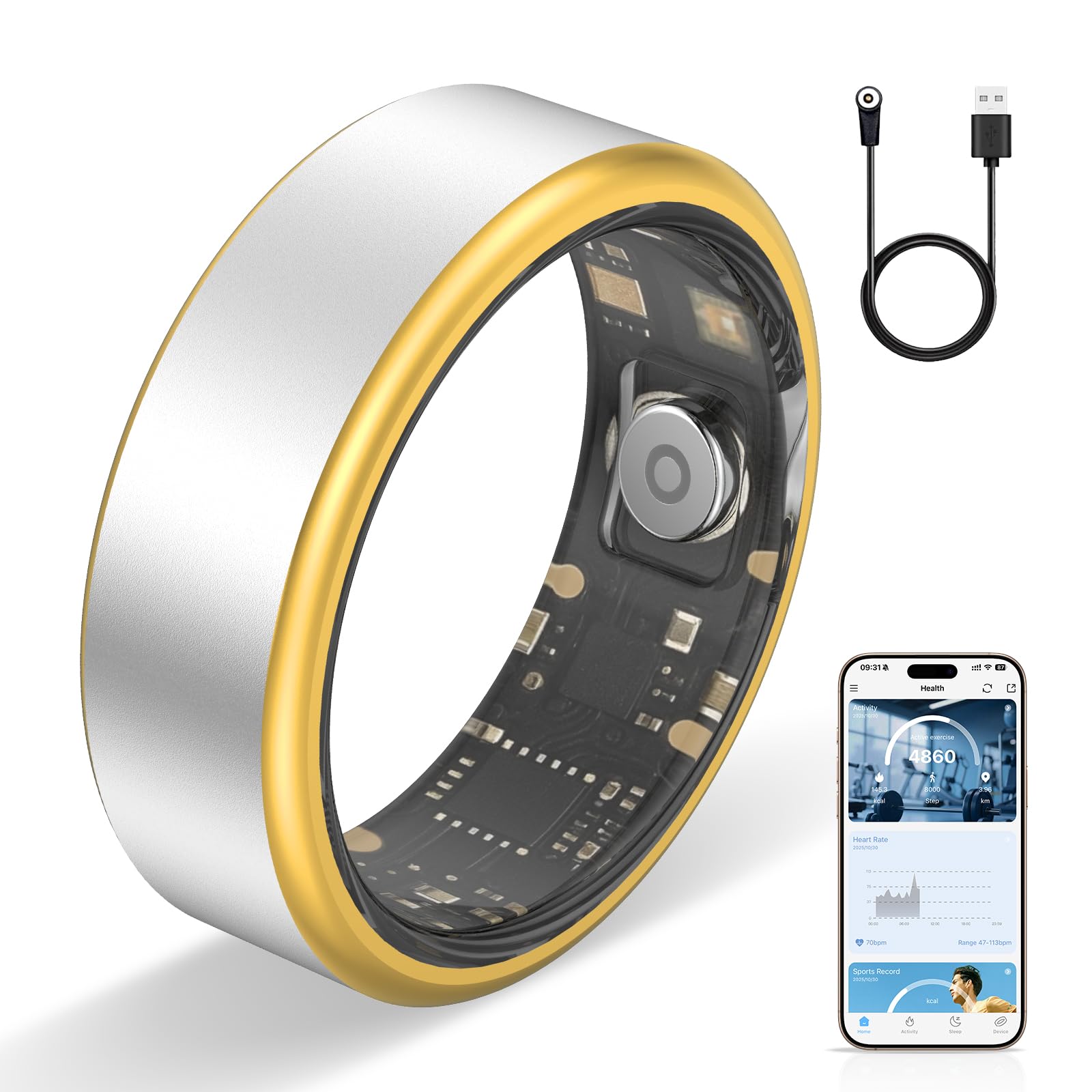 Potewek Smart Ring Women Men, Couple Smart Rings Set, Sleep Tracking Wearable, Heart Rate, Fitness Tracker, Long Battery Life, Valentine's Day Tech Gift Android & iOS (Silver, 7)