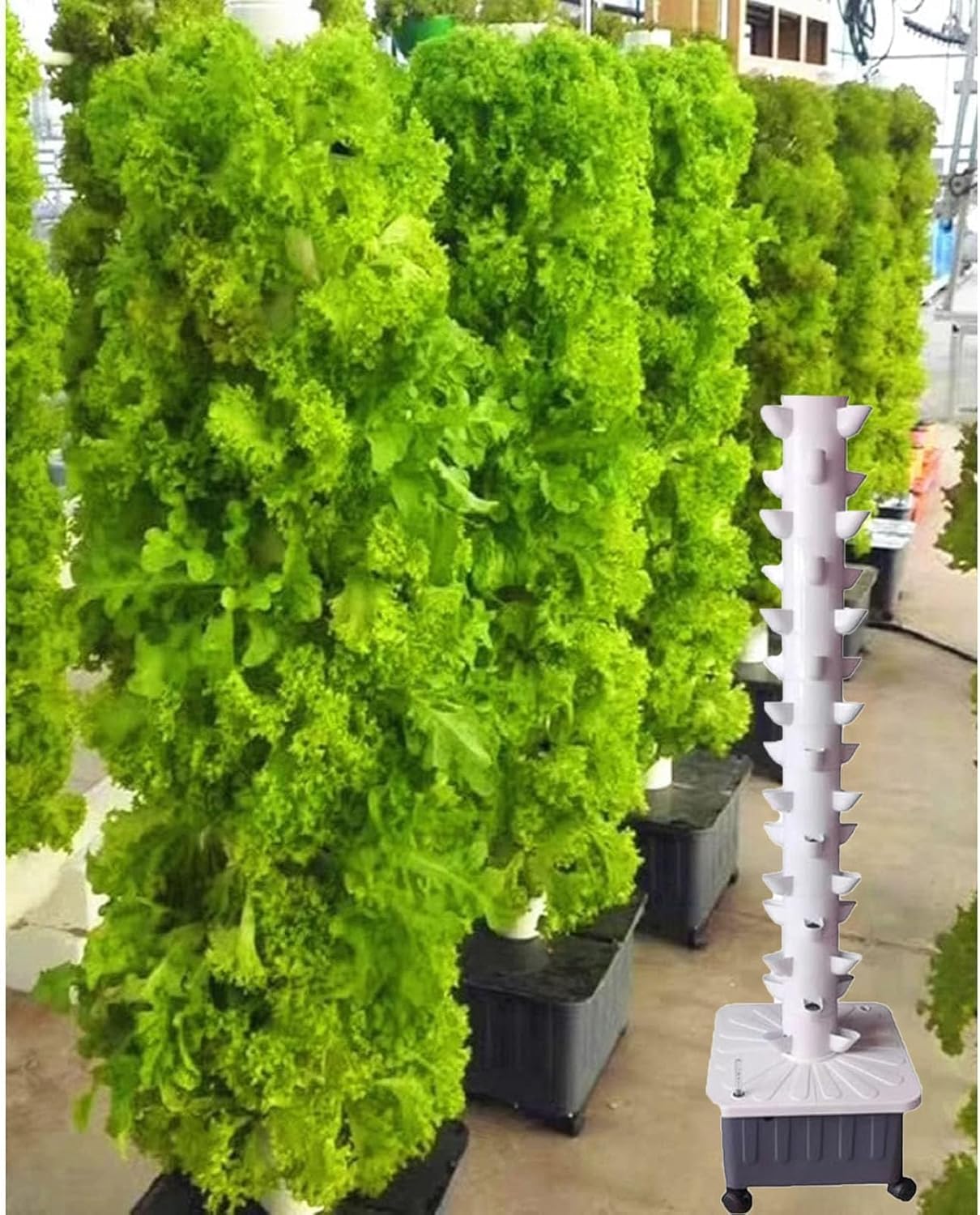 Kit Idroponico Verticale 45 Posizioni, Torre per Idrocoltura con Sistema di Irrigazione Automatico, Materiale PVC-U per Alimenti, Ideale per Ortaggi a Foglia Verde, Ideale per Balconi, Piccoli Spazi e