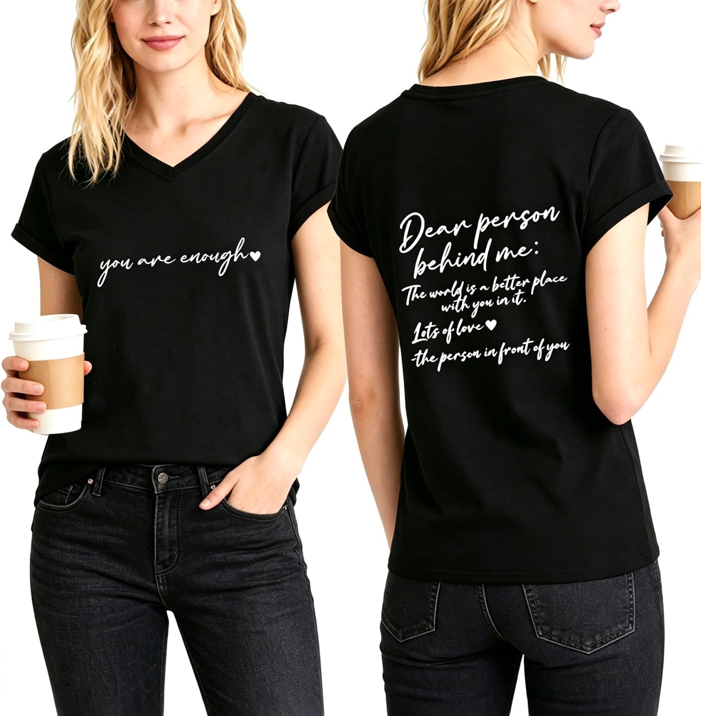 Women's Mental Health V-Neck T-Shirt You are Enough & Dear Person Behind Me Positive Quote Print Casual Tee