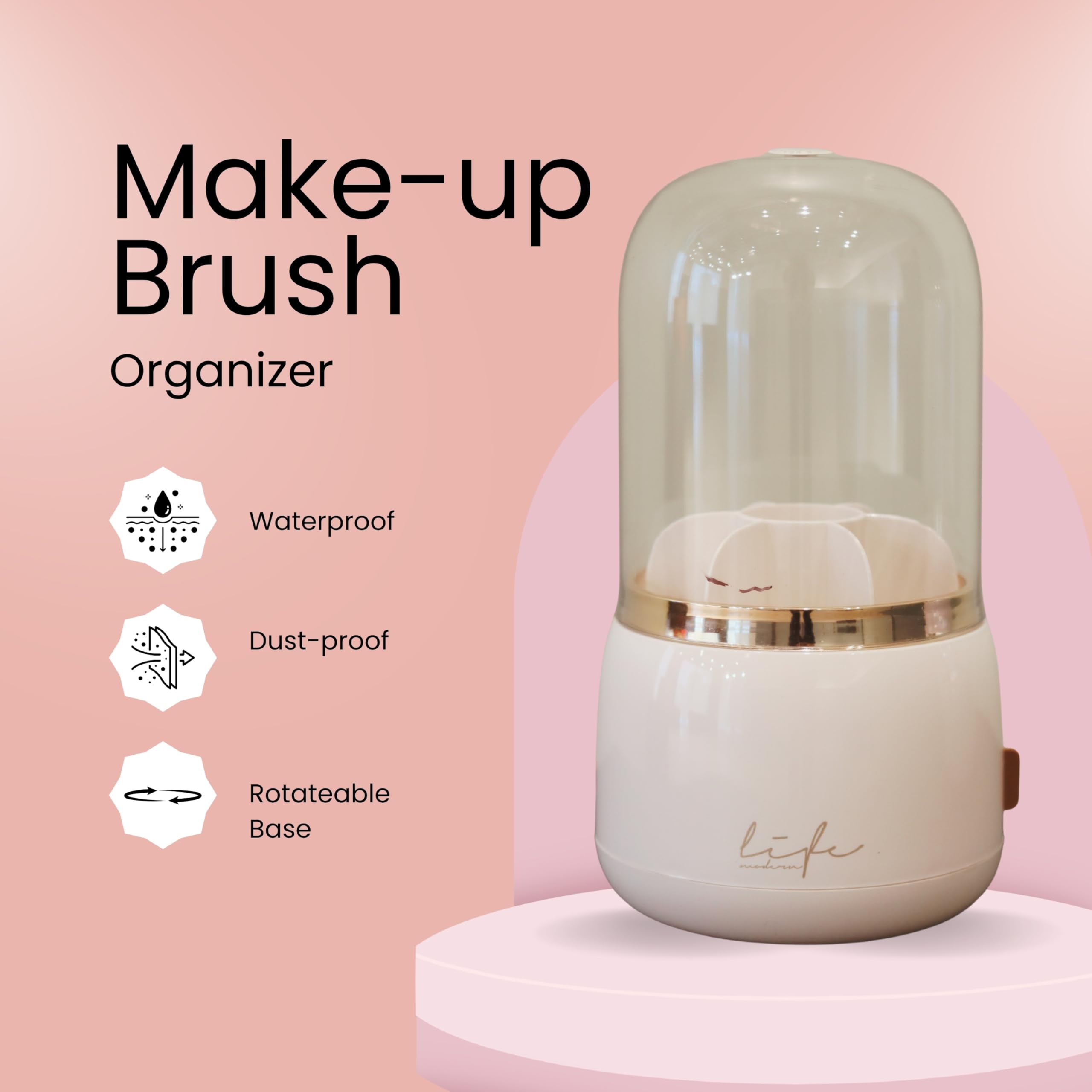 Glamorous Gem 360° Rotating Makeup Organiser Brush Holder with Dustproof Lid, spinning Cosmetic Organiser Acrylic - Image 2