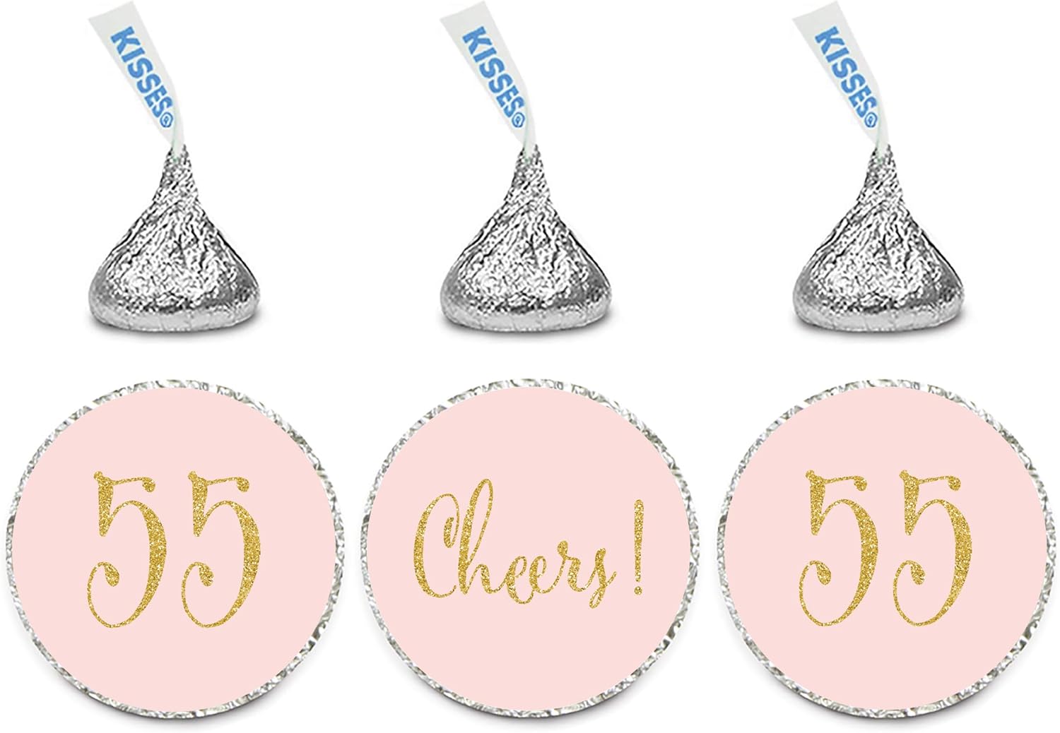Andaz Press Gold Glitter Print Chocolate Drop Labels Stickers, Cheers 55, Happy 55th Birthday, Anniversary, Reunion, Blush Pink, 216-Pack, Not Real Glitter, for Kisses Party Favors