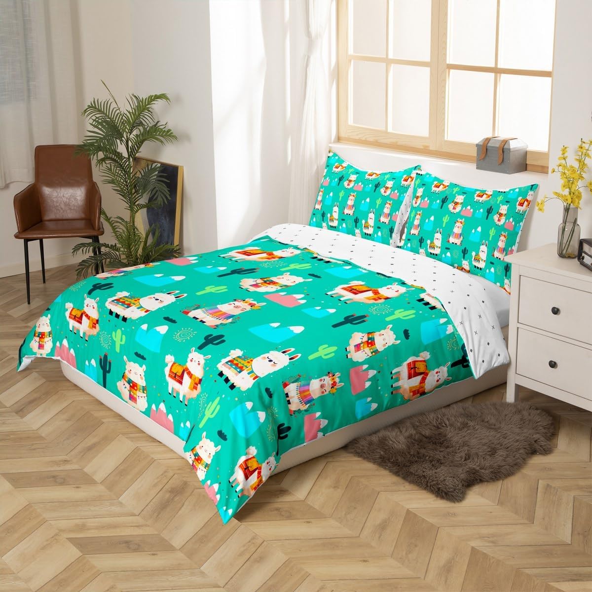 Erosebridal Kawaii Sheep Duvet Cover Toddler Size, Kids Cartoon Cactus Microfiber Bedding Sets No Comforter for Kids Boys Girls, Cute Animals Print Bed Cover for Bedroom, Green Blue Hills Bedroom Set
