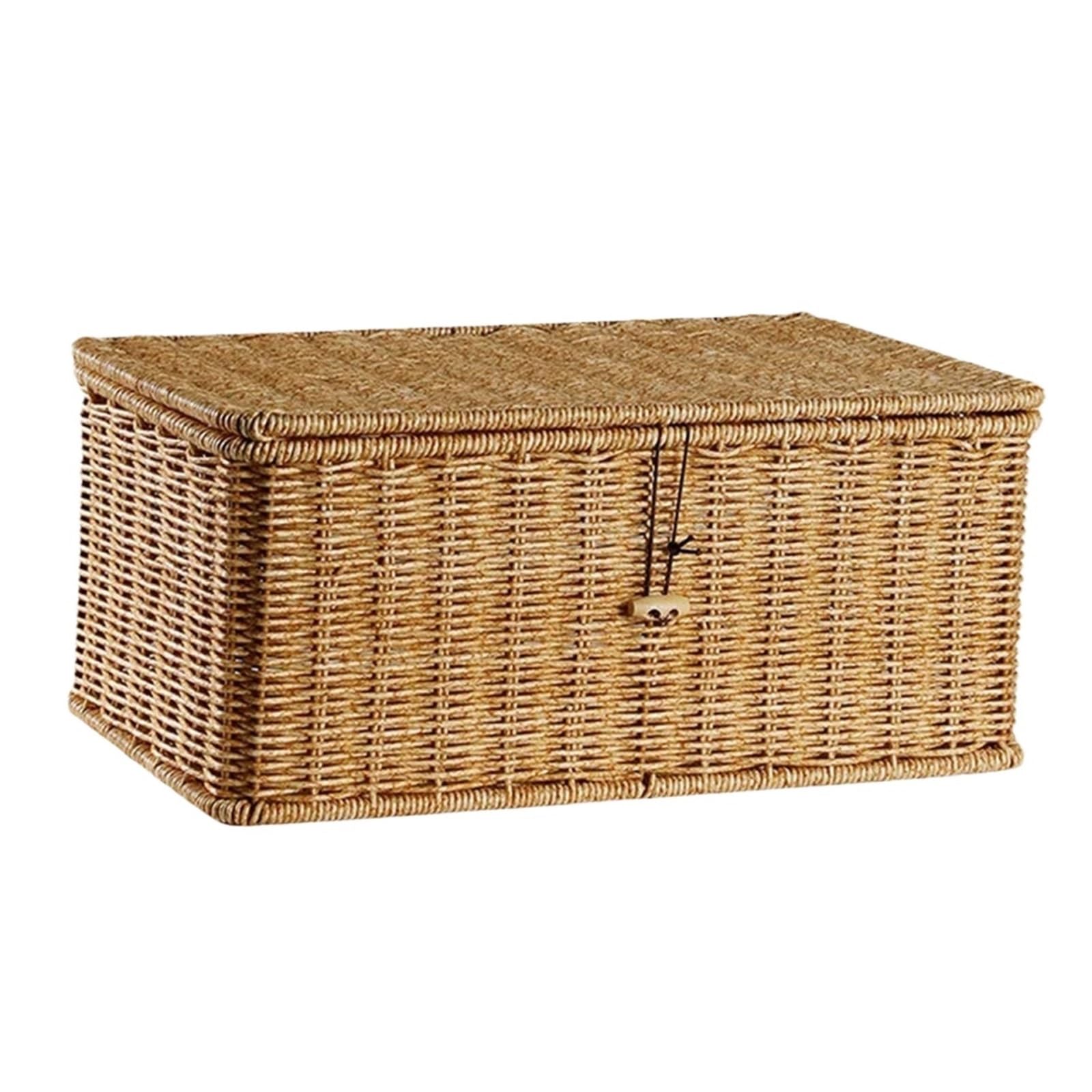 Household Storage Basket Imitation Rattan Woven Box with Lid Dustproof Clothes Sundries Container Desktop Organizer for Kitchen Cupboards(L)
