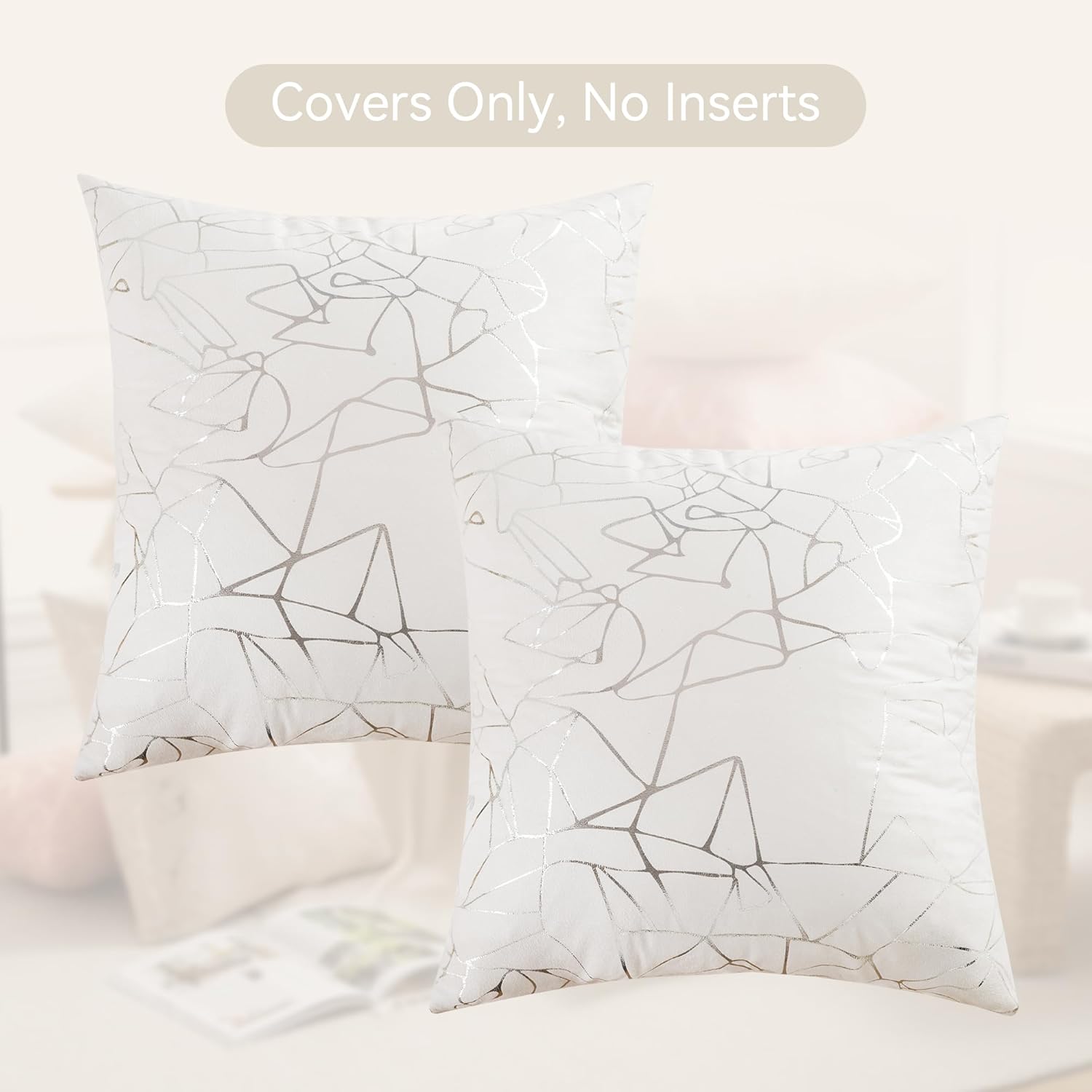 JELLYMONI Sparkling Decorative Pillow Covers Set of 2, 24 x 24 inch Glitter Decorative Pillow Shams White with Silver Streaks, Soft Pillowcases Home Decor for Sofa Couch Bed (Sliver White)