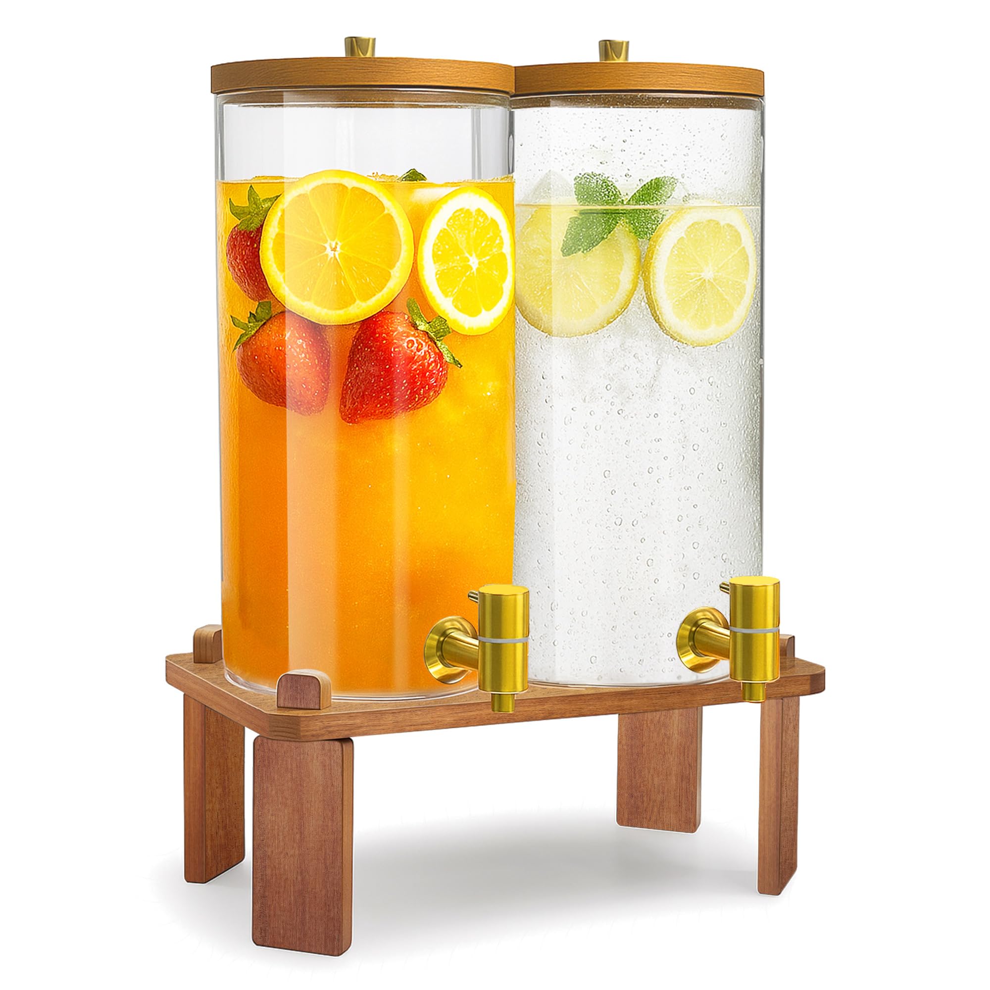 Photo 1 of VERSSURE 2PCS Drink Dispenser, 1.5 Gallon Each Glass Beverage Dispenser with Wood Stand and Stainless Steel Faucet Ideal for Juice, Lemonade, and Tea,Large Drink Dispenser for Parties and Home Use