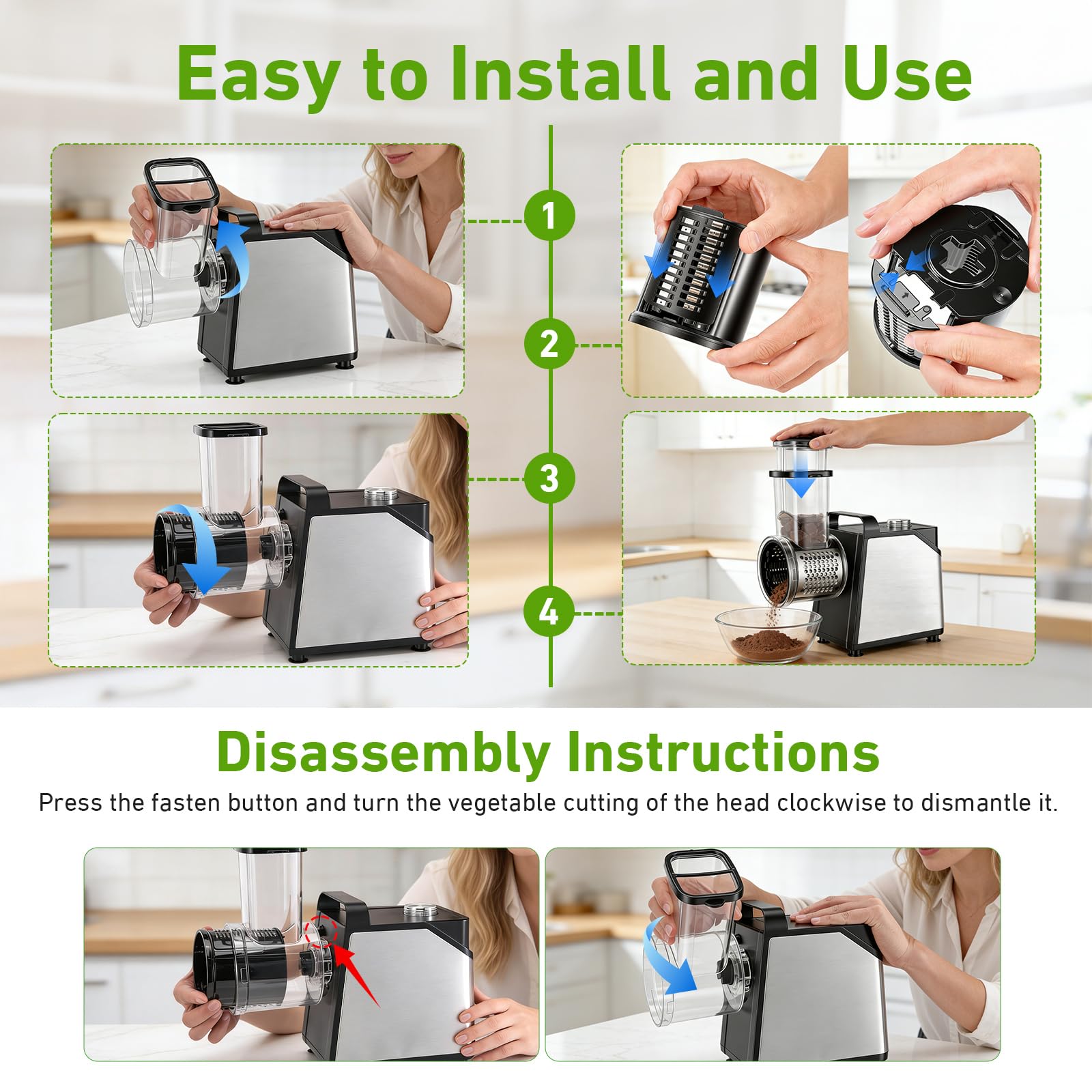 Rallador Eléctrico de Verduras y Fruta 250W, 7 en 1 Mandolina Electrica con 7 Cuchillas de Acero Inoxidable, Cortador de Verduras Electrico con Embudo de llenado Grande, para Verduras, Queso, Frutos