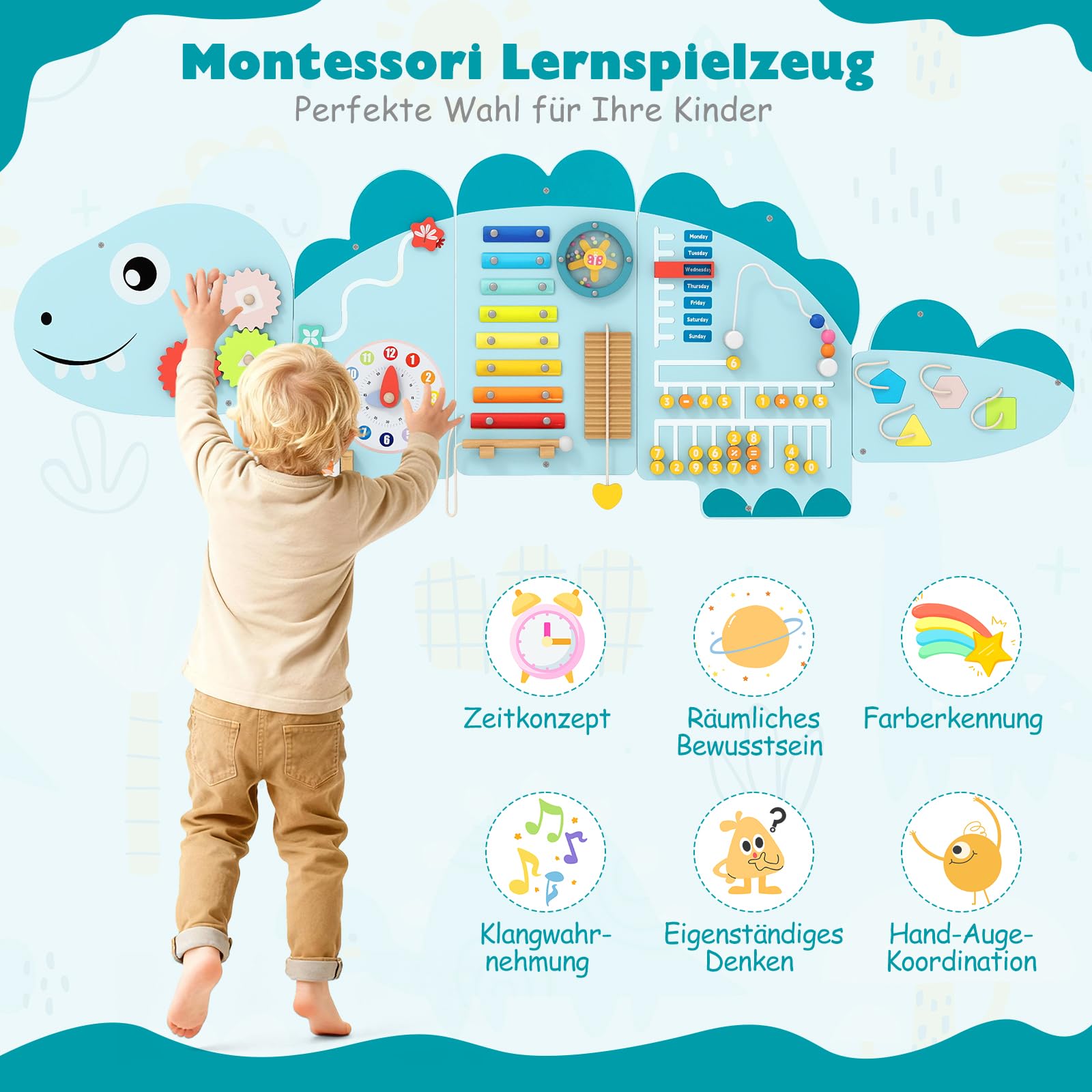 DREAMADE Montessori Busy Board, Motorikbrett aus Holz mit Blöcken & Xylophon & Zahnrädern & Uhr, Montessori Wandboard Motorikspielzeug für Kinder ab 3 Jahren (Dinosaurier-Blau)