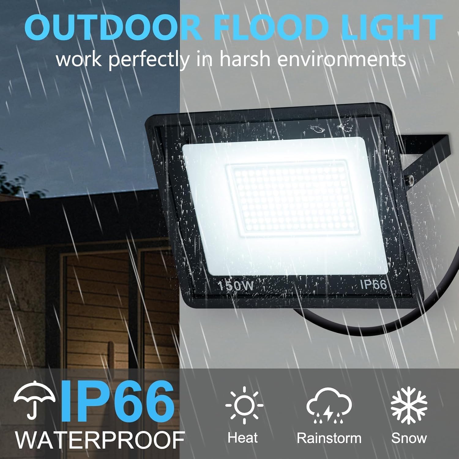 2-Pack 150W LED Flood Light, 16000lm with 16.4FT/5m Cord plug switch ，Super Bright Security Lights, IP66 Waterproof Outdoor Flood Light, 5000K White Floodlight for Yard, Garden,Basketball Court，Arena