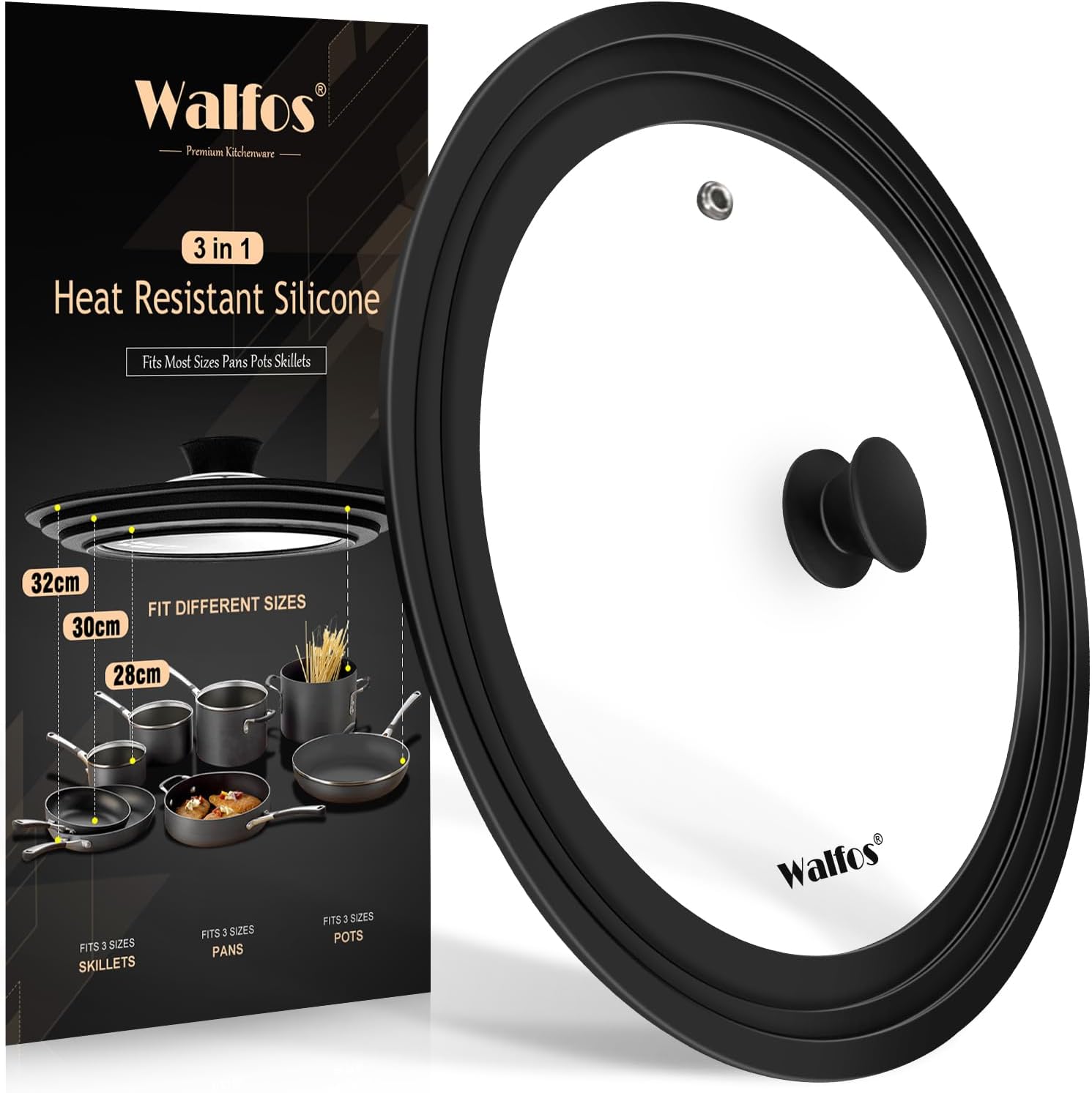 Universal Lid for Pots, Pans and Skillets - Tempered Glass with Heat Resistant Silicone Rim and Fits 28cm, 30cm & 32cm Diameter Cookware
