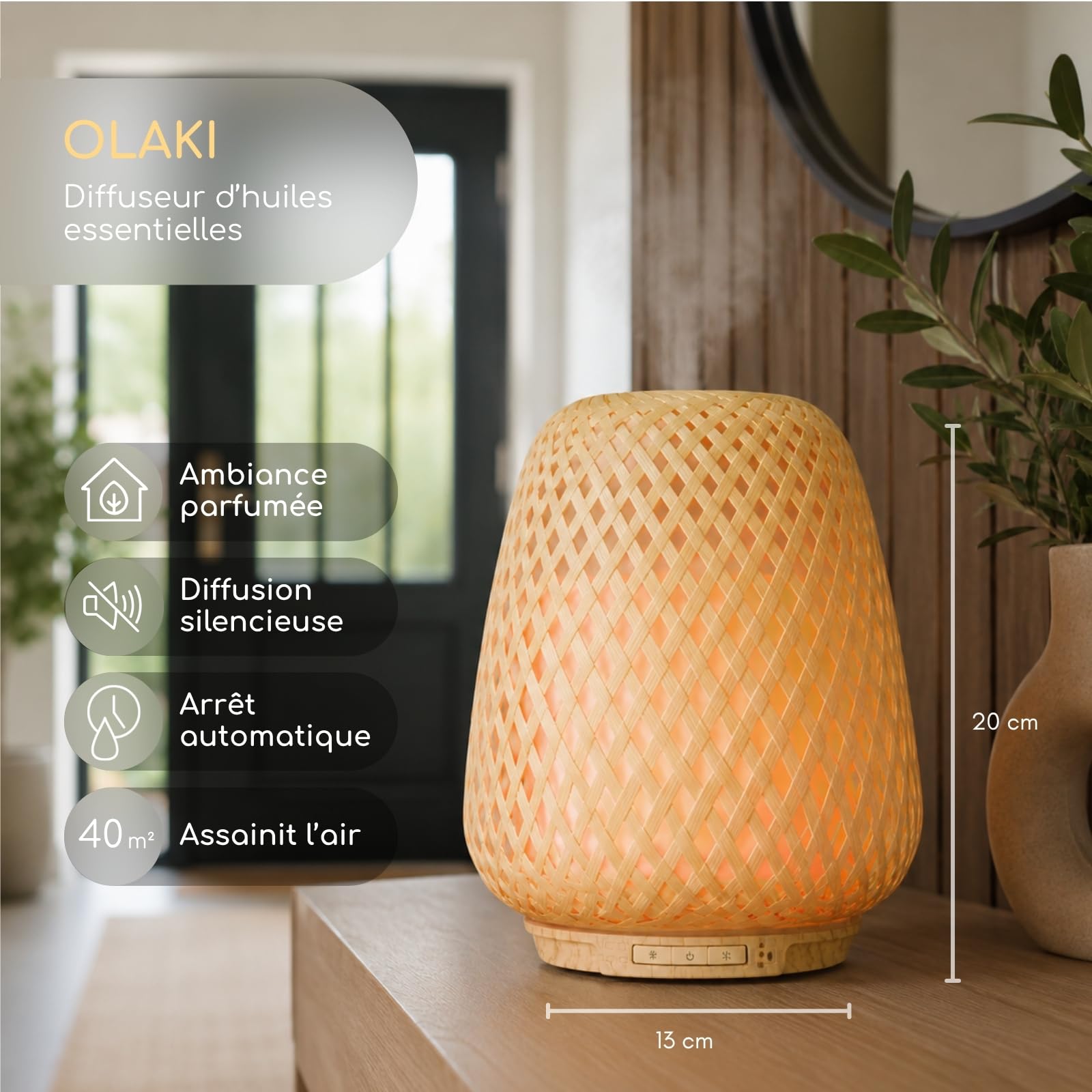 Zen'Arôme - Diffuseur d’Huiles Essentielles Ultrasonique Olaki (Jusqu’à 40 m²) - Diffusion à Froid pour l’Aromathérapie - Design Artisanal Zen en Bambou Tressé