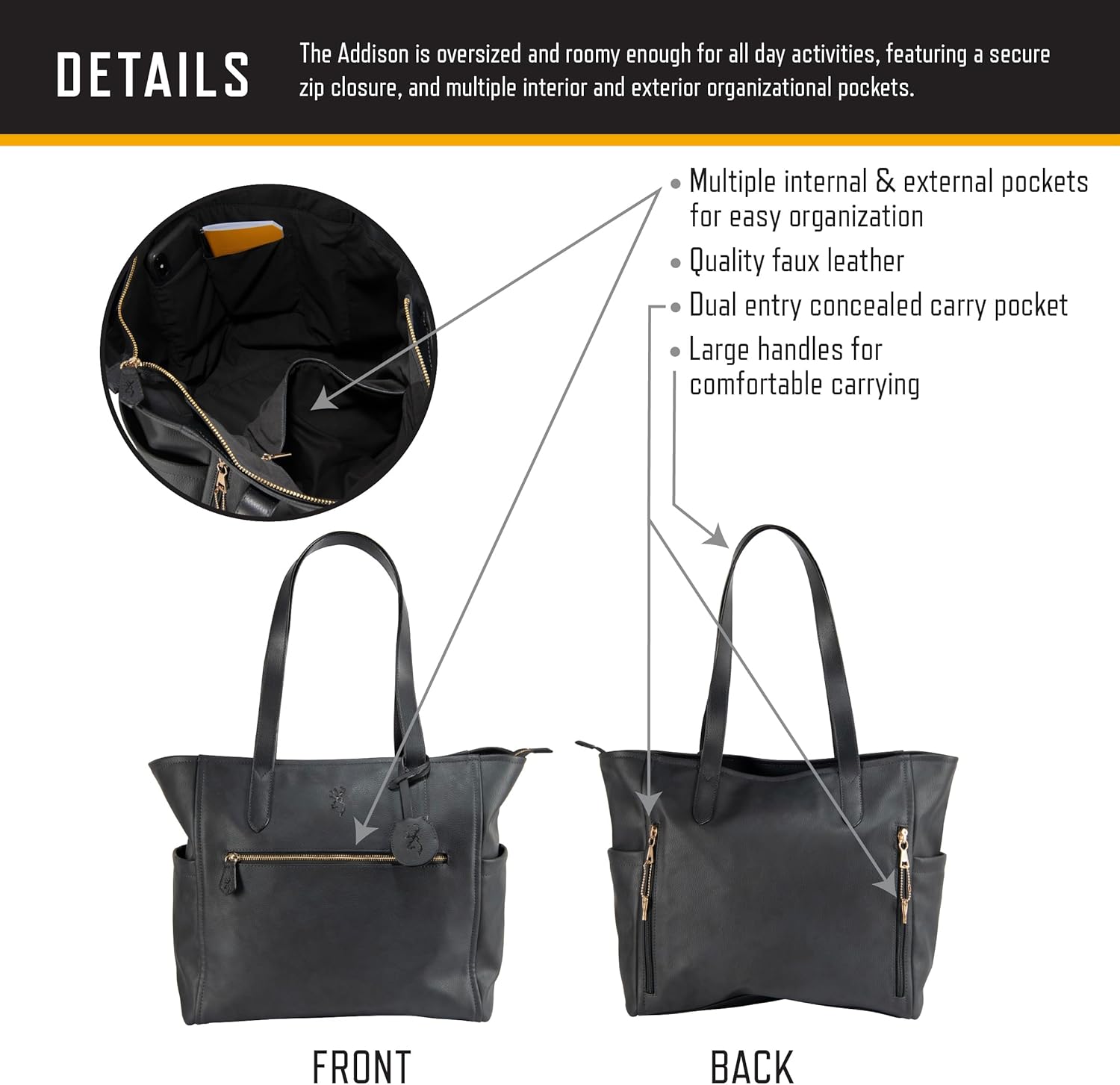 Browning Women's Concealed Carry Addison Purse, Premium Holstered Handbag With Safety Locking Option, Black - Image 3