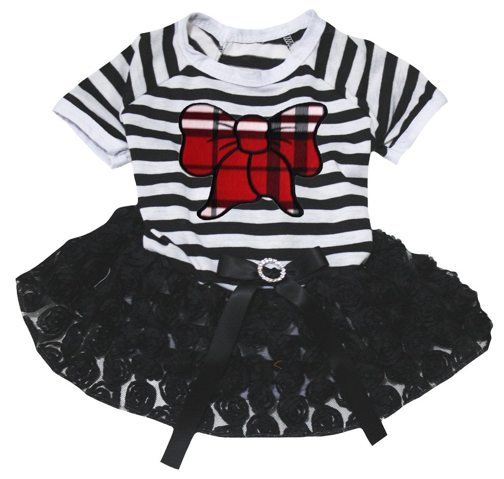 Robe plaid pour chiot avec nœud papillon rayé noir et blanc et jupe tutu rose