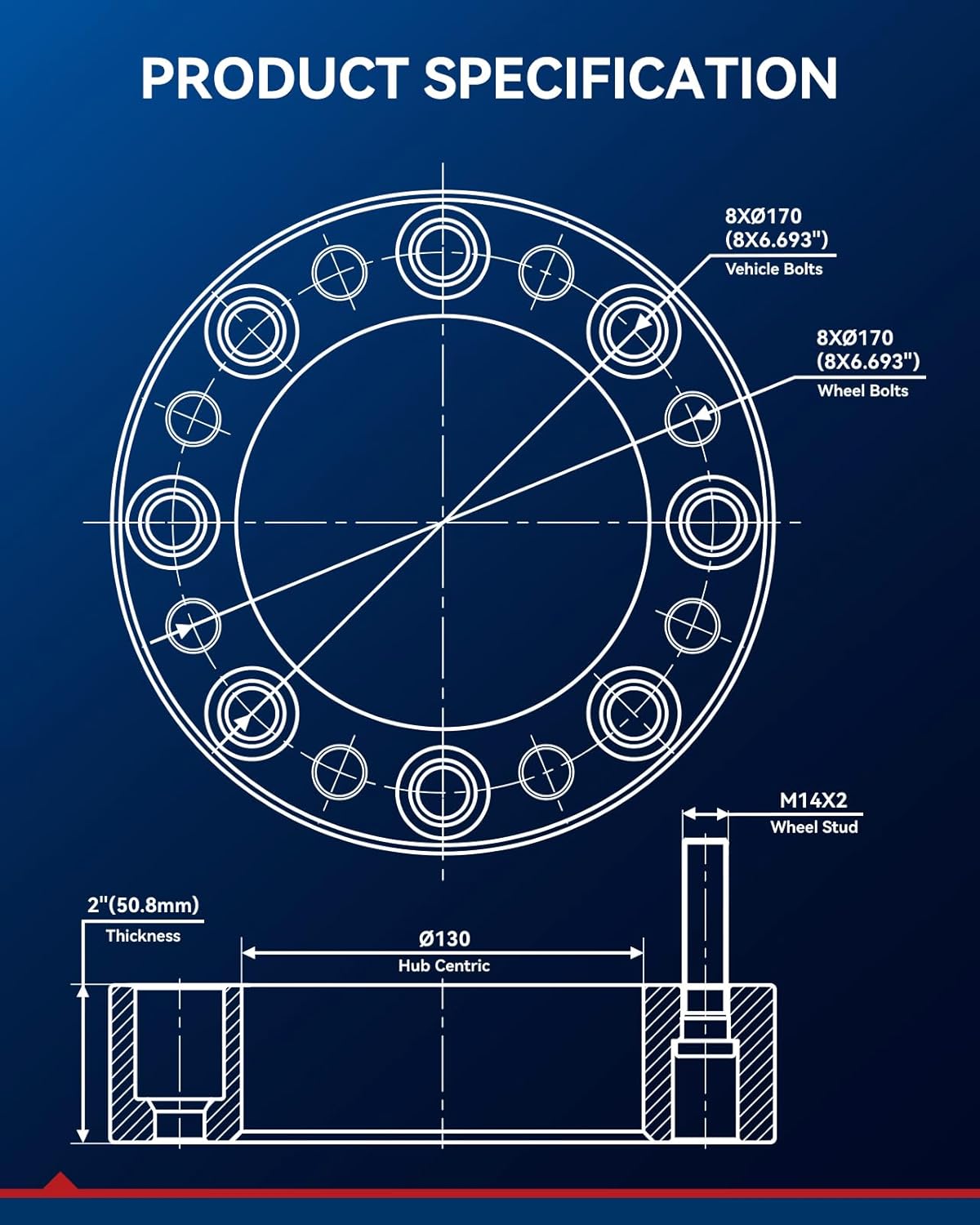 KAX 8x170mm Wheel Spacers 2 inch for F-2-50 Super Duty, 8 Lug Spacers with 130mm Hub Bore M14x2 Studs for F-3-50 Super Duty, Excursion, F-2-50, 4pcs 8x170mm Aluminum Tire Spacer