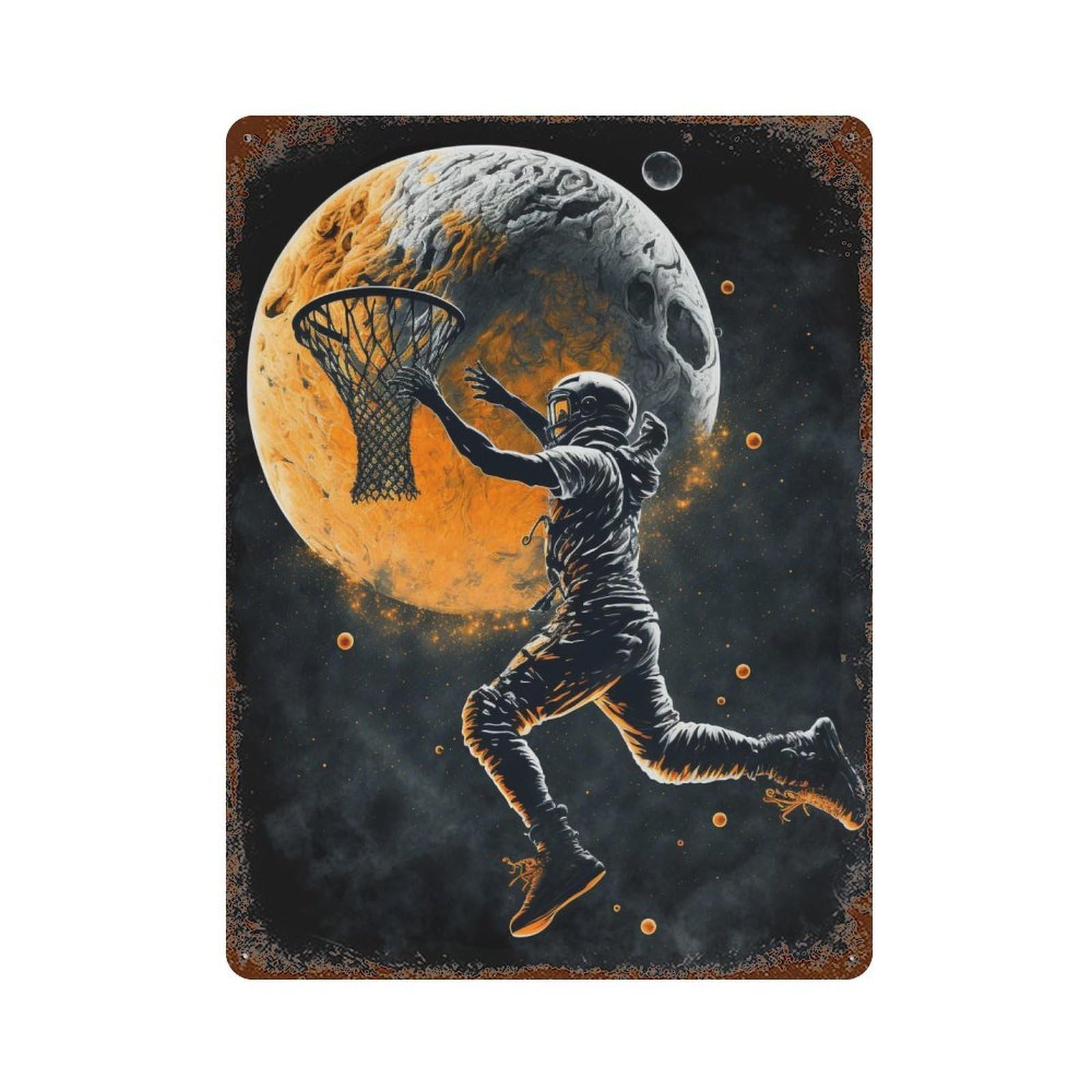 Space Slam Dunk Astronaut Basketball Art Rust Effect Tin Sign 15.7"x11.8", Rustic Home Decor for Garage, Pub Or Kitchen