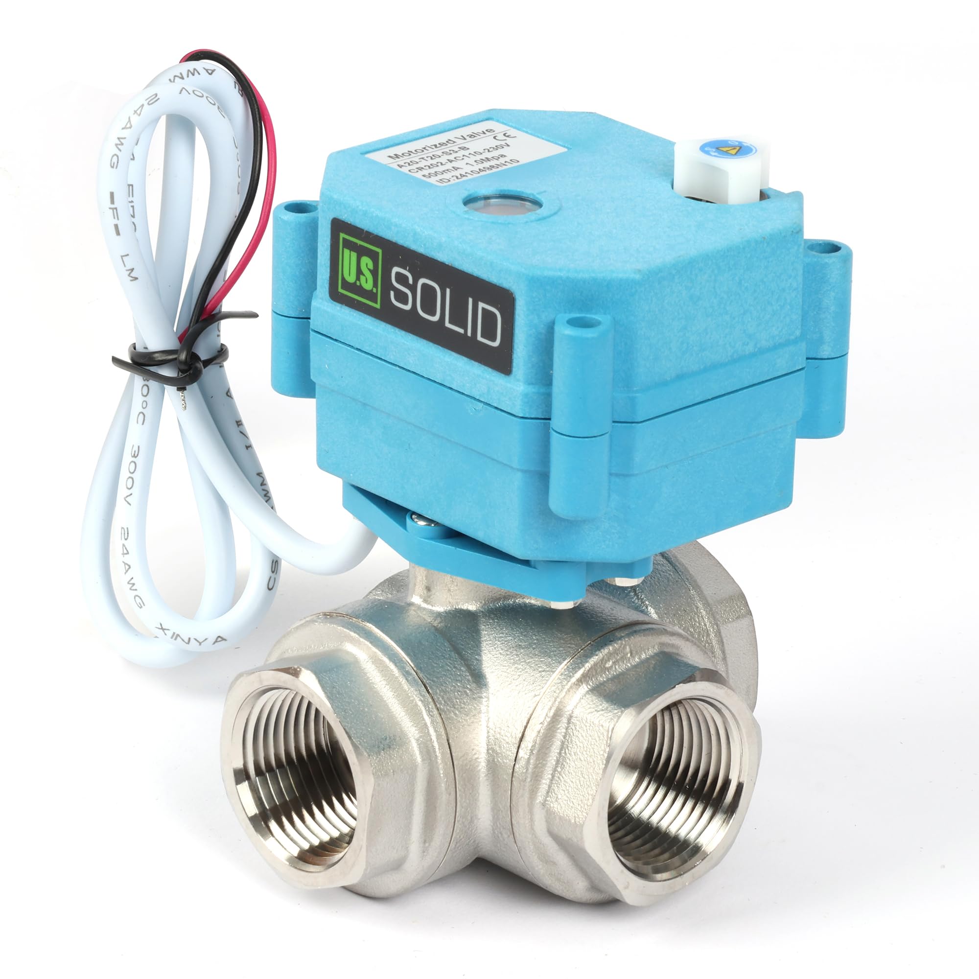 U.S. Solid Vanne 3 voies motorisée acier inoxydabl – 3/4", 110-230 V CA, type T, électrique de zone avec fonction manuelle, robinet d'arrêt d'eau, port standard