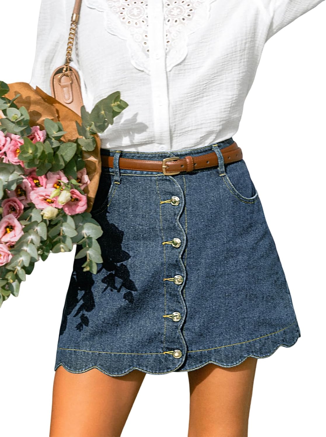 CUPSHE Women’s Denim Mini Skirt Button Front A-Line Jean High Waist Scalloped Hem Casual Outfits