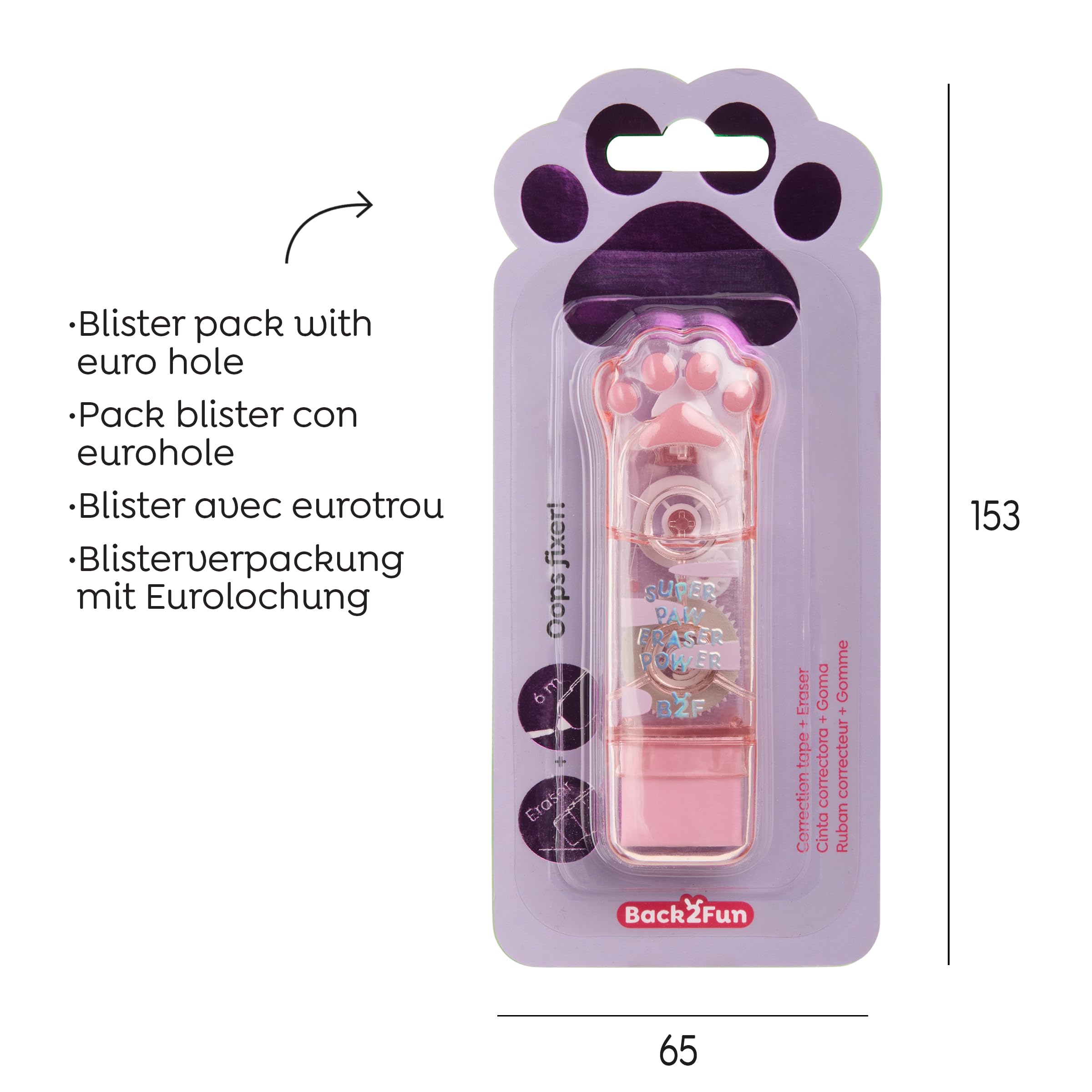 Back2Fun - 2 en 1 Cinta Correctora de 6 metros y Goma de Borrar, Diseño de Patita 3D Con Cuerpo Transparente y Acabado Holográfico, Accesorio para el Estuche y Material Escolar, Rosa