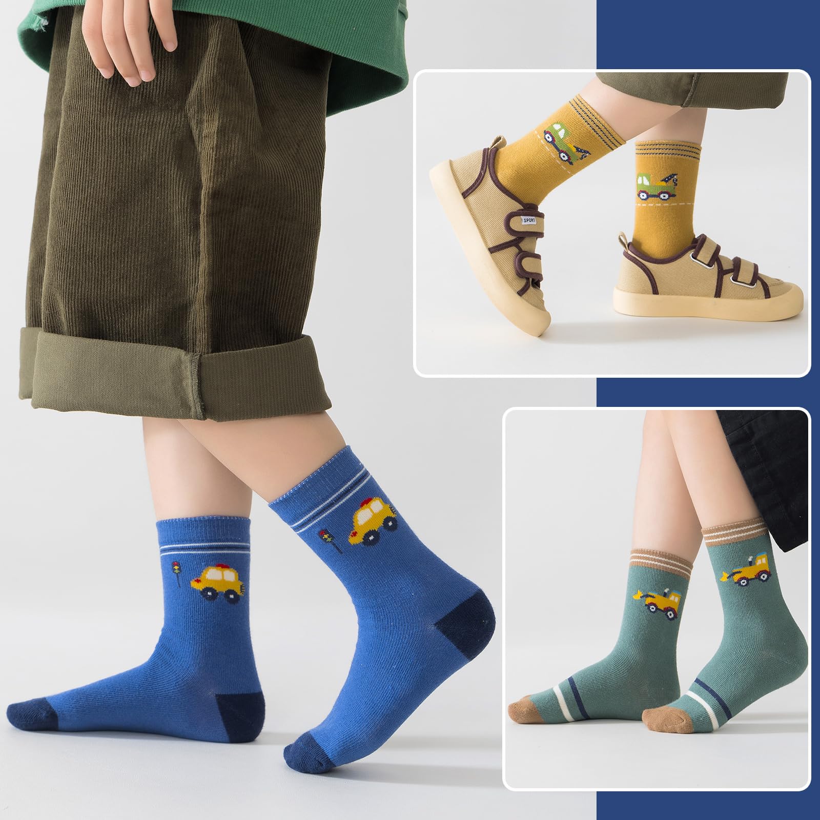 Calcetines de algodón para niños pequeños y grandes, calcetines de vestir coloridos a rayas de dibujos animados de dinosaurio, coche