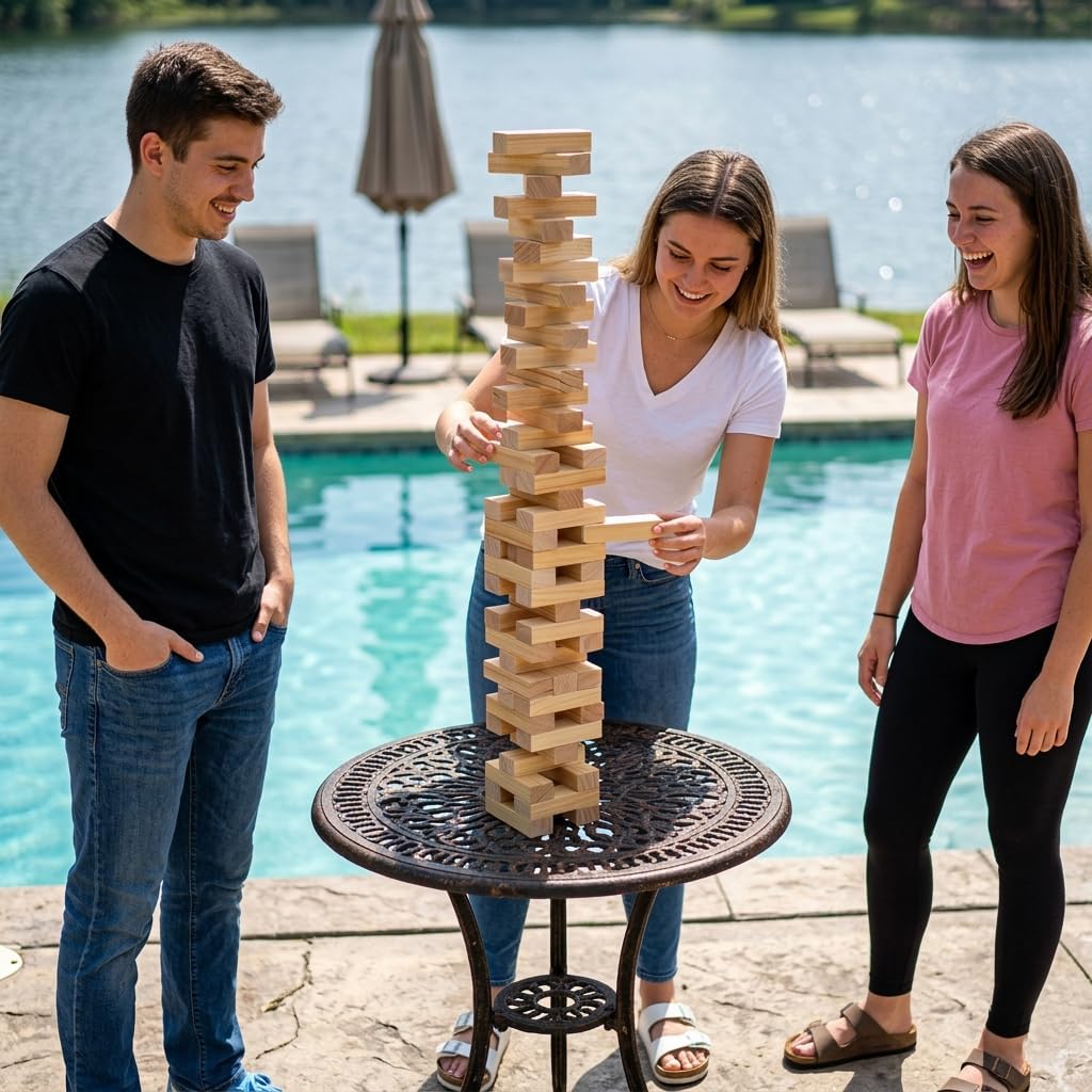 Outdoor Games Large Tower Stacking Game, 54 Wooden Blocks, Stack Up to 4 Ft Tall, Includes Carry Bag and Scoreboard, Backyard and Beach Lawn Yard Fun for Adults and Family
